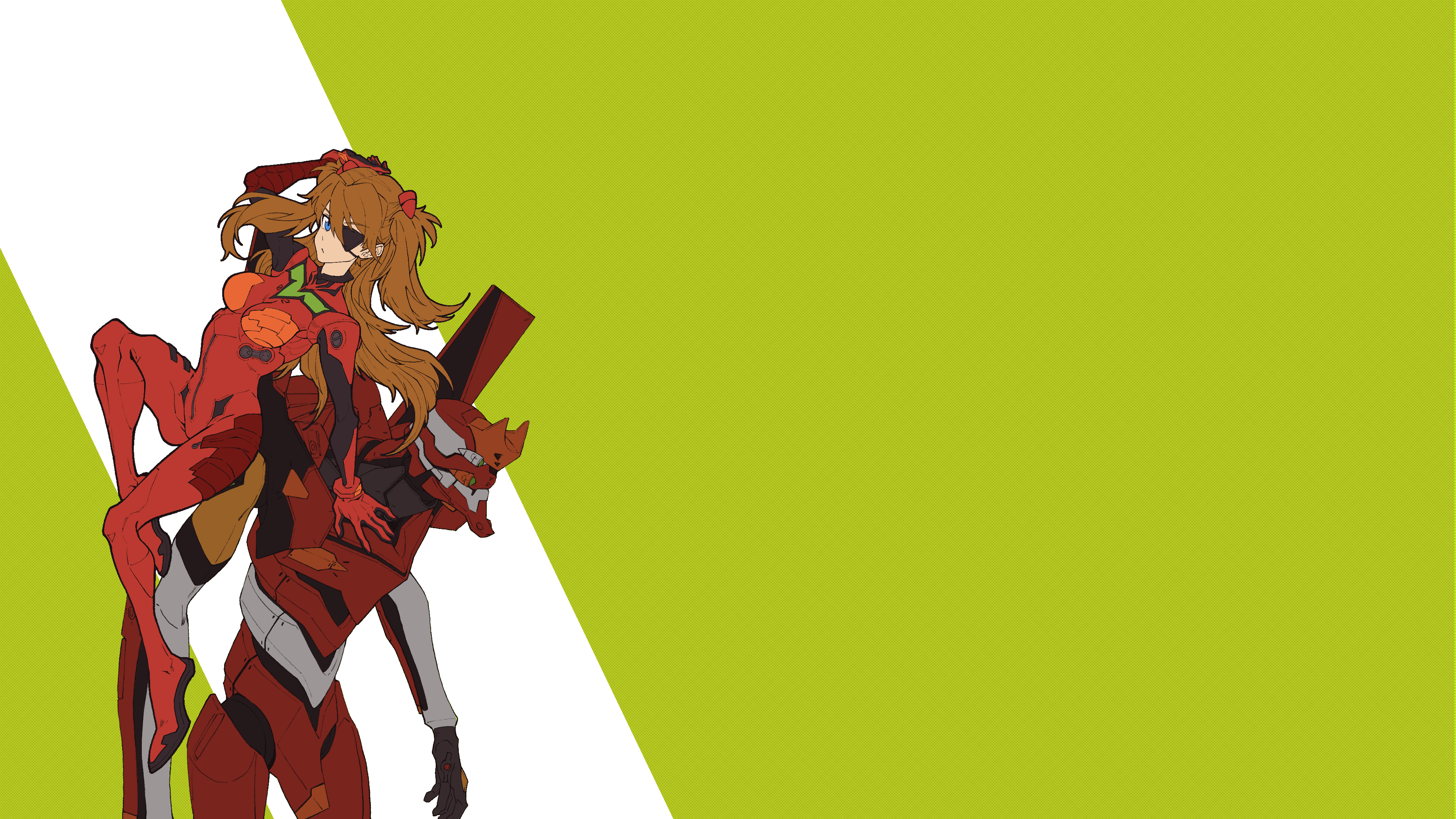 Anime 3840x2160 Neon Genesis Evangelion Evangelion: 1.0 You Are (Not) Alone Evangelion: 2.0 You Can (Not) Advance Evangelion: 3.0 + 1.0 Thrice Upon a Time Evangelion: 3.0 You Can (Not) Redo Asuka Langley Soryu EVA Unit 02 plugsuit tight clothing redhead robot androids mechs gloves red gloves long hair simple background eyepatches bangs blunt bangs blue eyes green background anime girls anime thighs hair between eyes twintails sidelocks arm(s) behind head