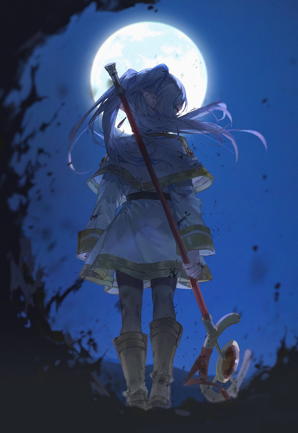 Anime 1045x1521 Sousou No Frieren Frieren portrait display anime girls staff elves Moon full moon looking back looking at viewer night quasarcake pointy ears sky women outdoors looking over shoulder boots long sleeves