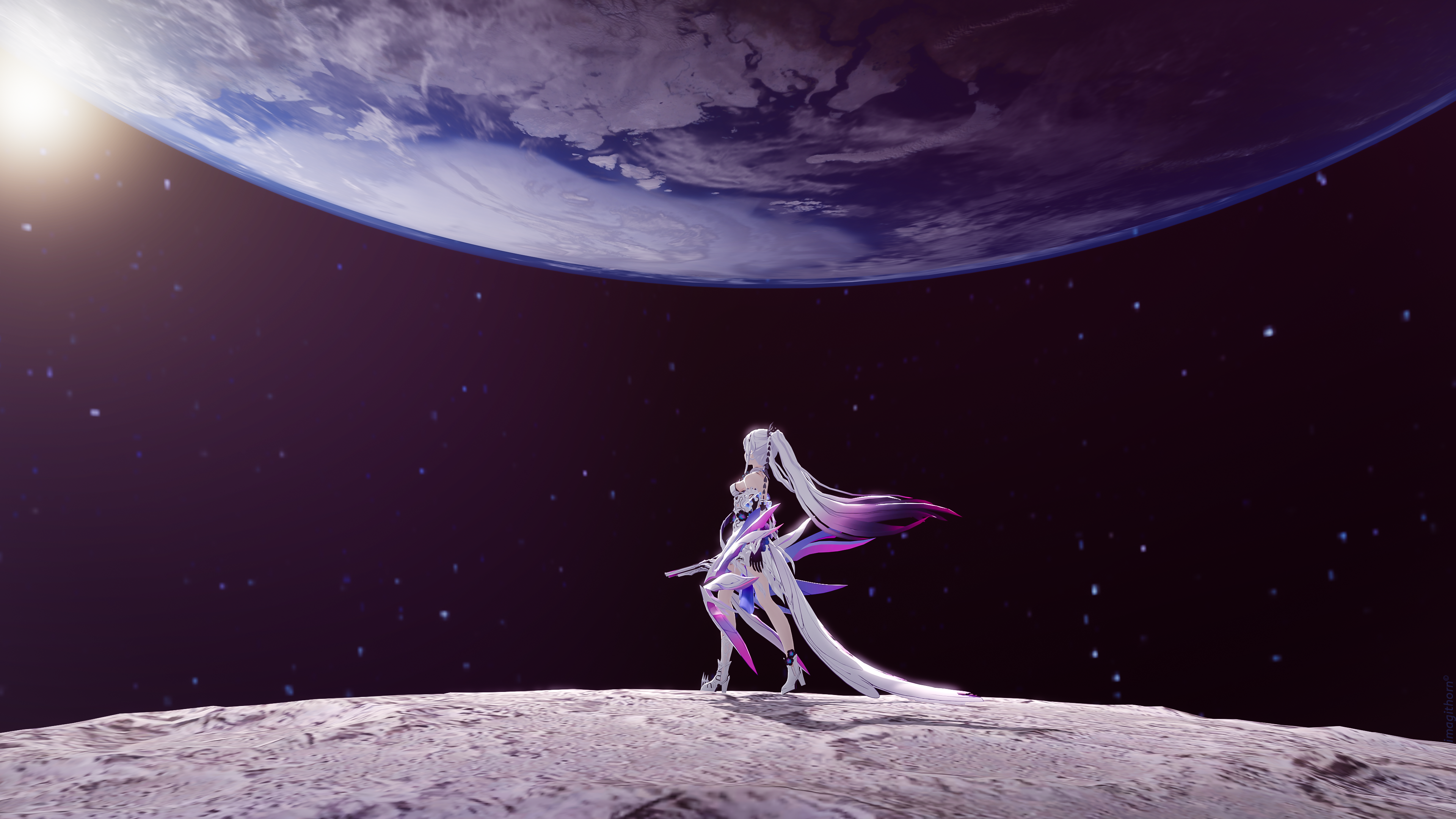 Anime 3840x2160 Honkai Impact long hair looking away walking gradient hair planet starred sky space stars Guns GirlZ Moon Earth Honkai Impact 3rd Kiana Kaslana