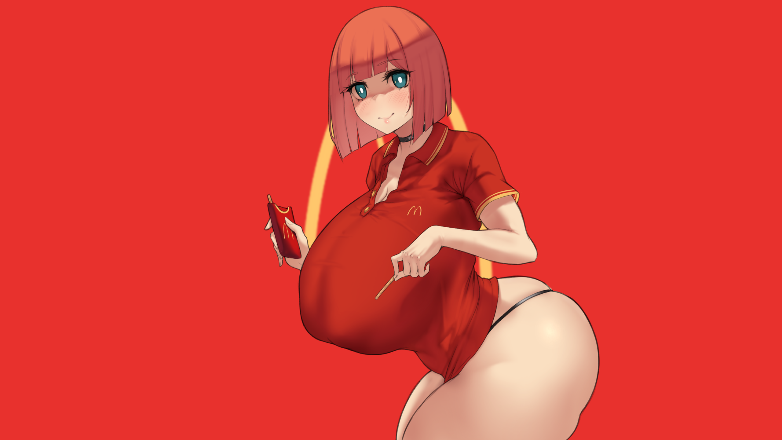 Anime 2560x1440 anime simple background red background ecchi McDonald's big boobs boobs huge breasts thick thigh thighs looking at viewer panties black panties Aster Crowley minimalism anime girls Mom (McDonald's commercial) short hair blunt bangs closed mouth smiling thick body short sleeves fries
