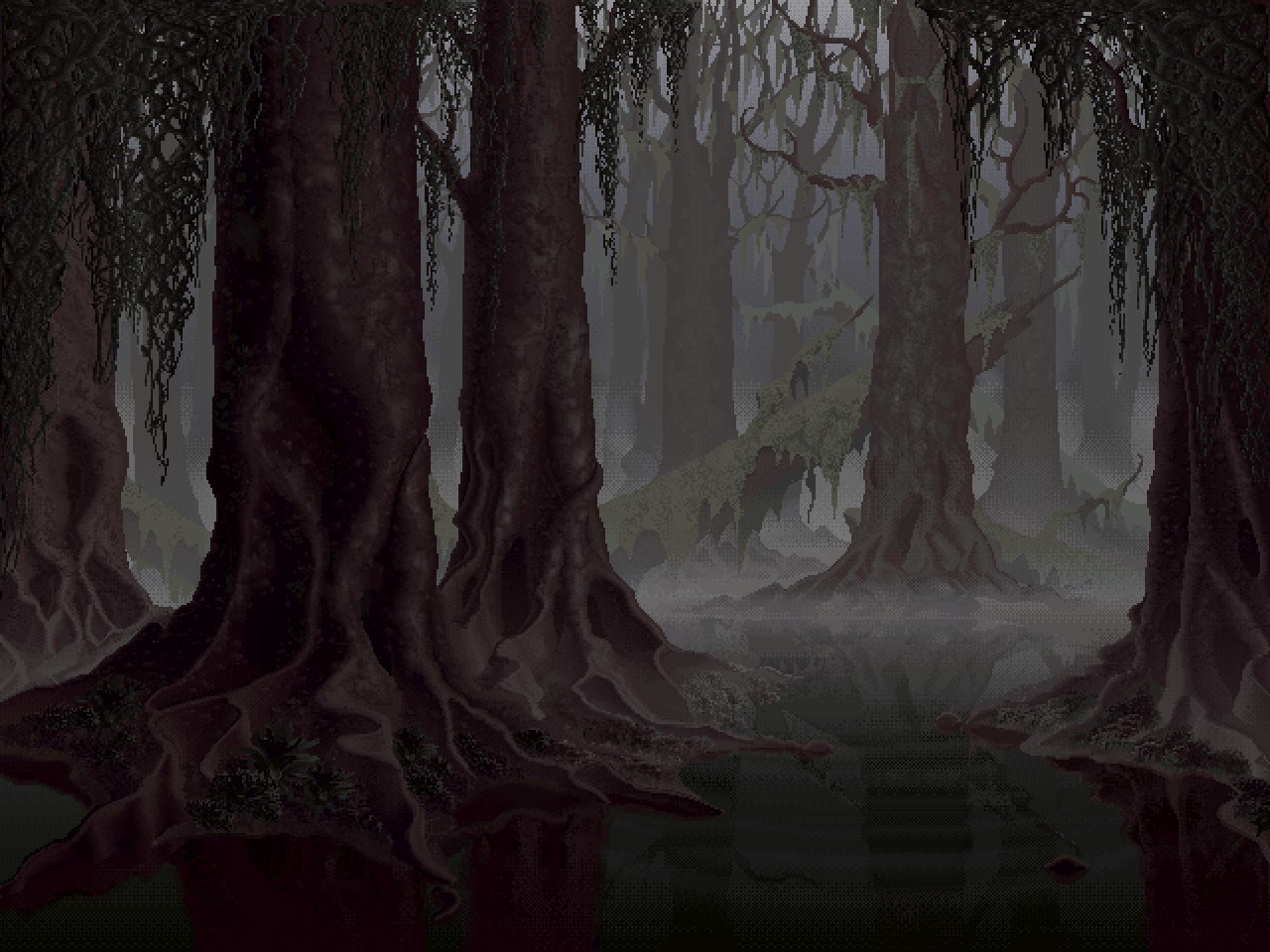 General 1280x960 nature pixel art swamp forest fog digital art Mark Ferrari trees roots water reflection