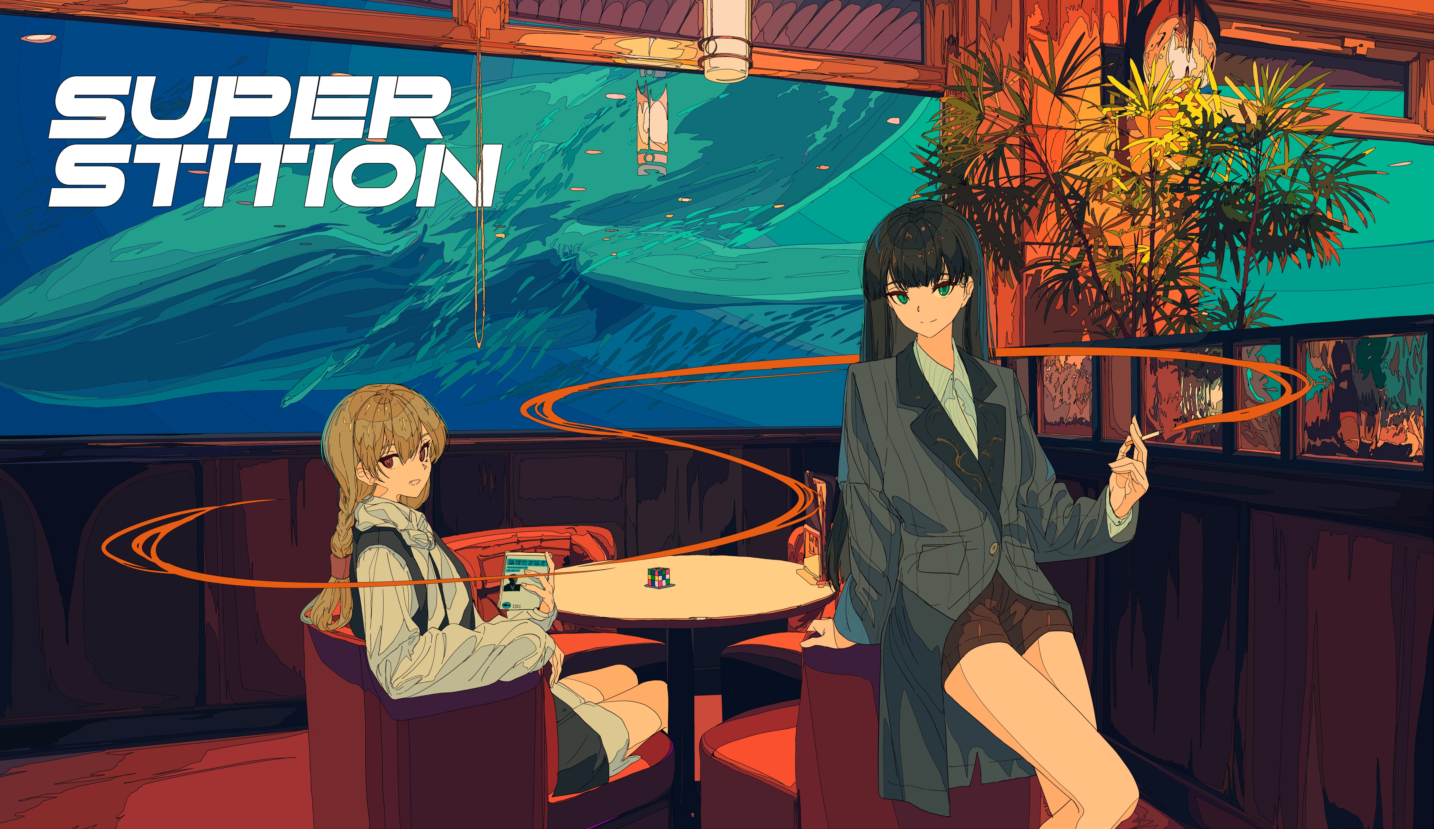 Anime 5000x2889 Cogecha anime girls digital art illustration text hair between eyes looking at viewer long hair long sleeves cigarettes table Rubik's Cube closed mouth parted lips black hair blue eyes blonde shorts chair sitting standing braids