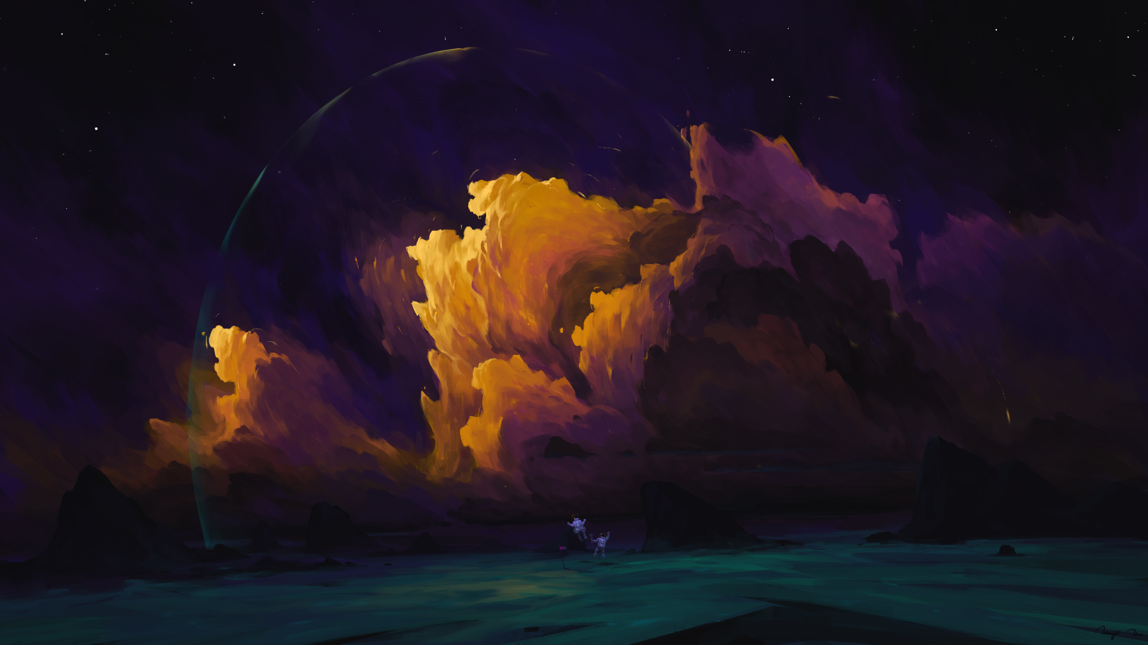 General 3840x2160 BisBiswas digital art artwork illustration landscape clouds night nightscape sky stars astronaut signature 4K