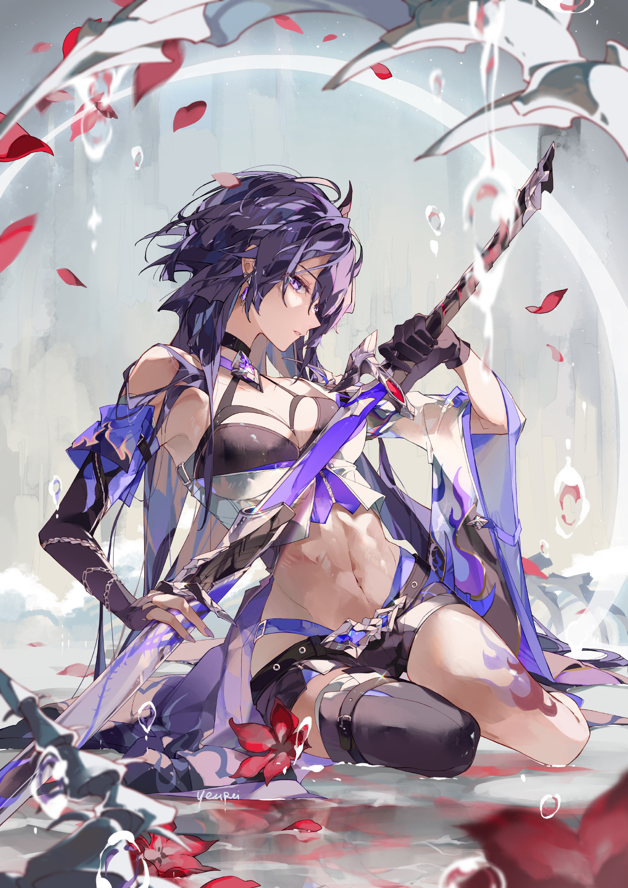 Anime 1273x1800 Honkai: Star Rail artwork Acheron (Honkai: Star Rail) anime anime girls purple hair purple eyes earring choker sword gloves cleavage miniskirt leather boots petals water portrait display YEUREI looking at viewer women with swords skinny water drops painted nails purple nails bent legs signature black gloves