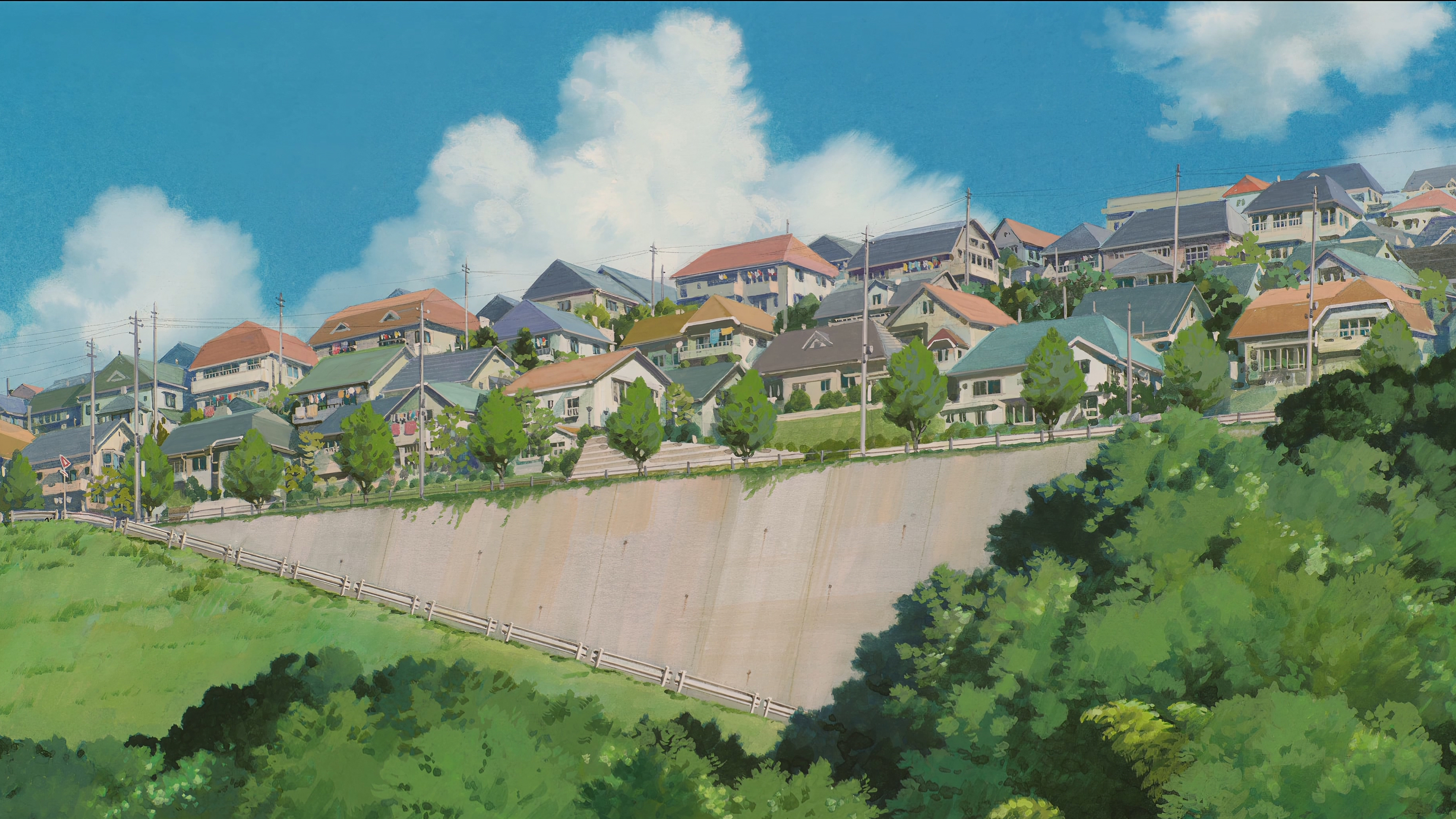 Anime 3840x2160 animation anime illustration city clouds 4K trees Spirited Away Studio Ghibli house sky