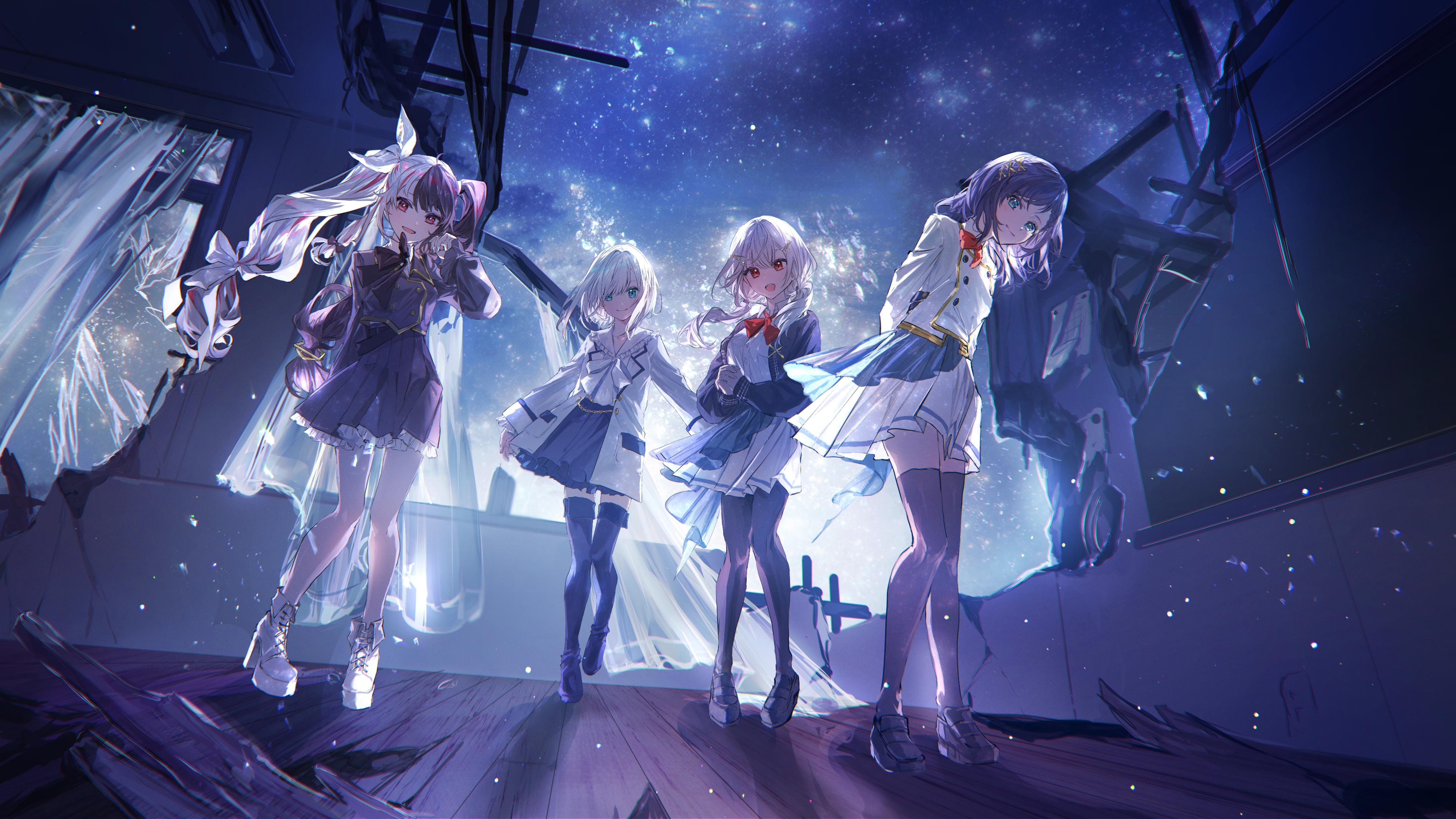 Anime 4000x2251 anime anime girls schoolgirl school uniform bow tie stockings uniform two tone hair looking at viewer sky stars standing long hair twintails