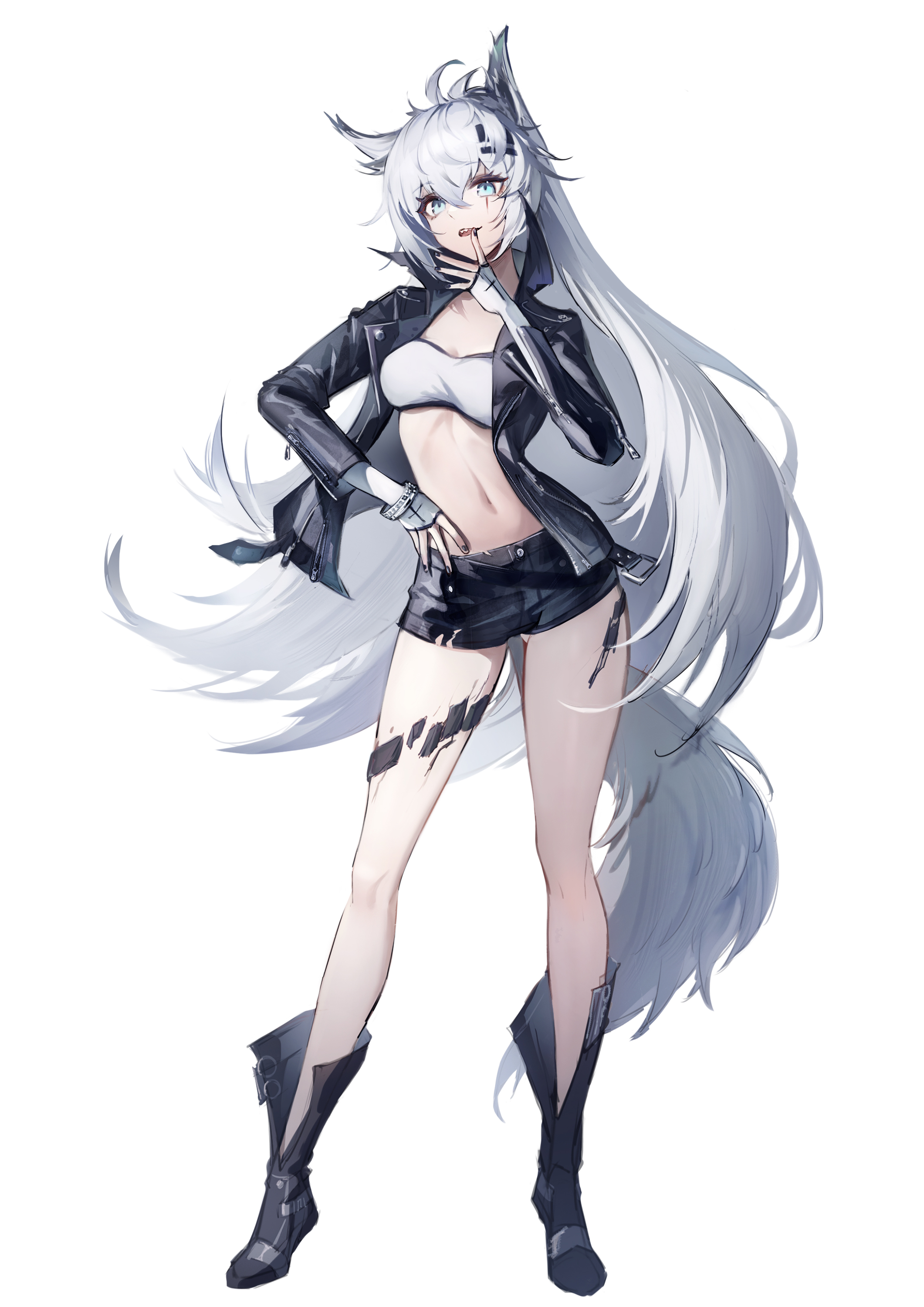 Anime 2121x3000 anime anime girls digital art artwork Pixiv petite portrait portrait display looking at viewer belly button belly bare midriff 2D shorts short shorts wolf girls wolf ears wolf tail minimalism white background simple background long hair Arknights Lappland (Arknights)