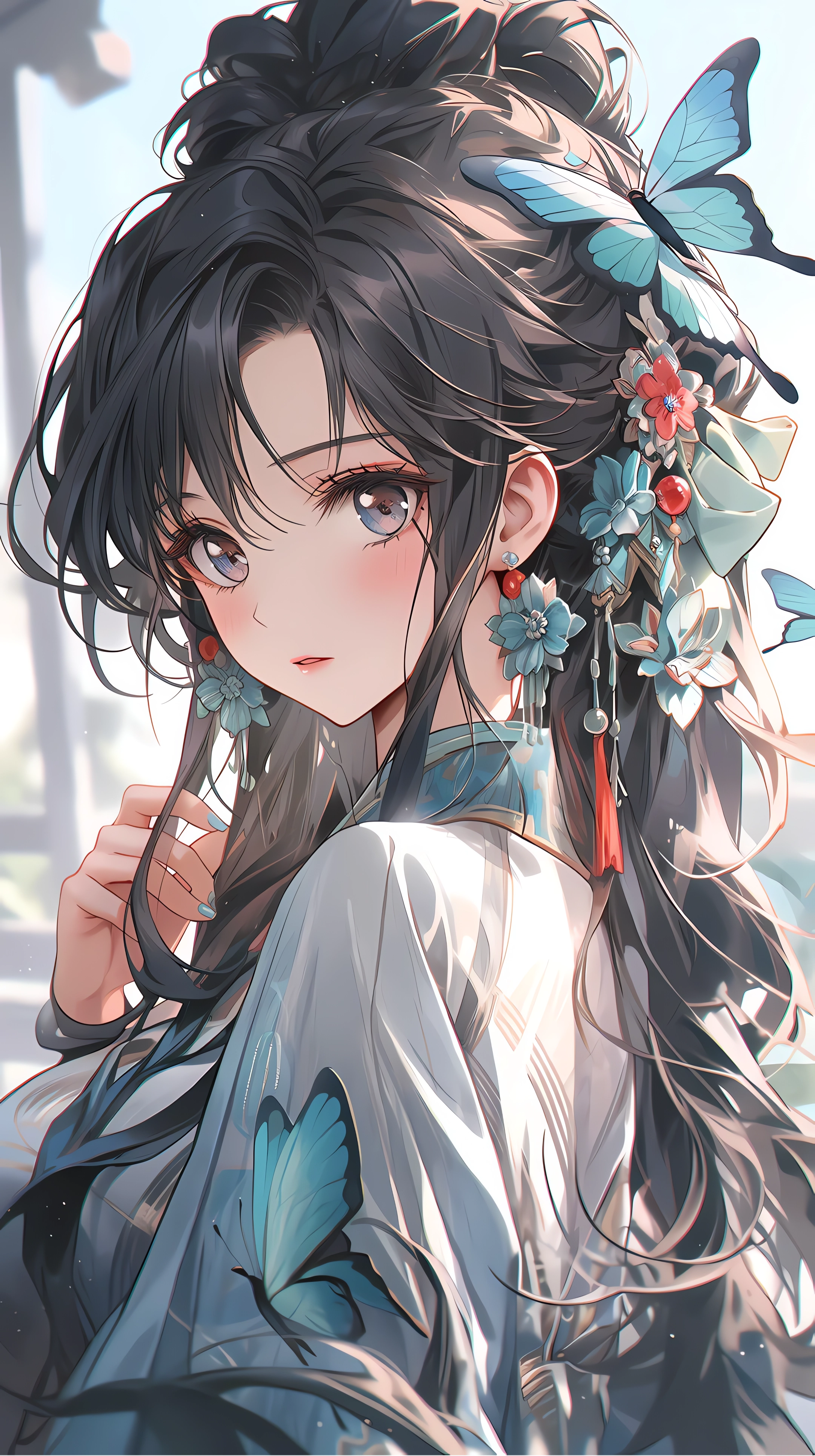 Anime 2160x3856 anime anime girls AI art long hair flower in hair looking at viewer blushing earring butterfly insect women