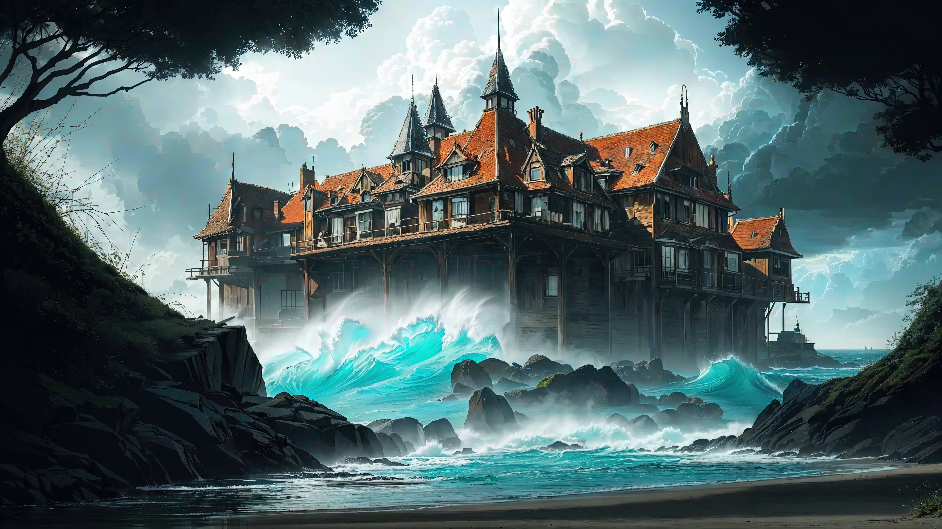 General 3840x2160 AI art 4K architecture building exterior illustration nature outdoors old sea storm DeviantArt water sky clouds waves rocks