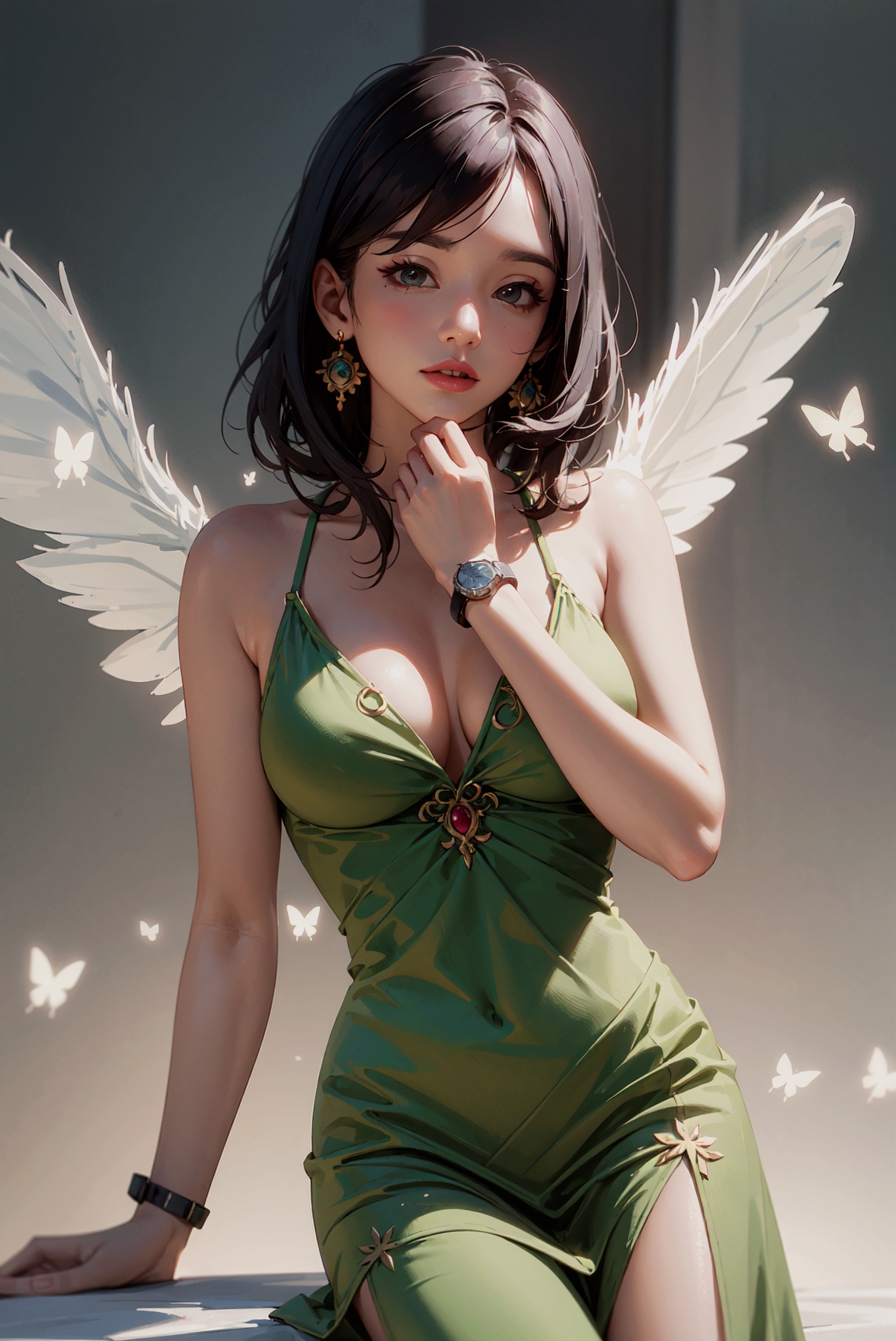 General 1176x1760 AI art green clothing women Asian cleavage big boobs portrait display wings butterfly earring short hair looking at viewer simple background minimalism green dress