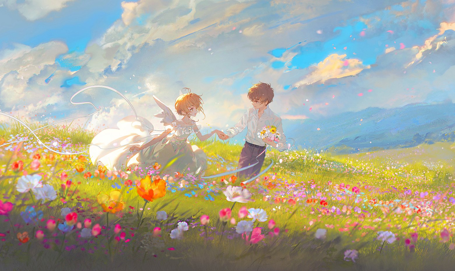 Anime 1561x931 anime boys anime girls flowers grass sky clouds holding hands wings dress couple Cardcaptor Sakura field anime couple