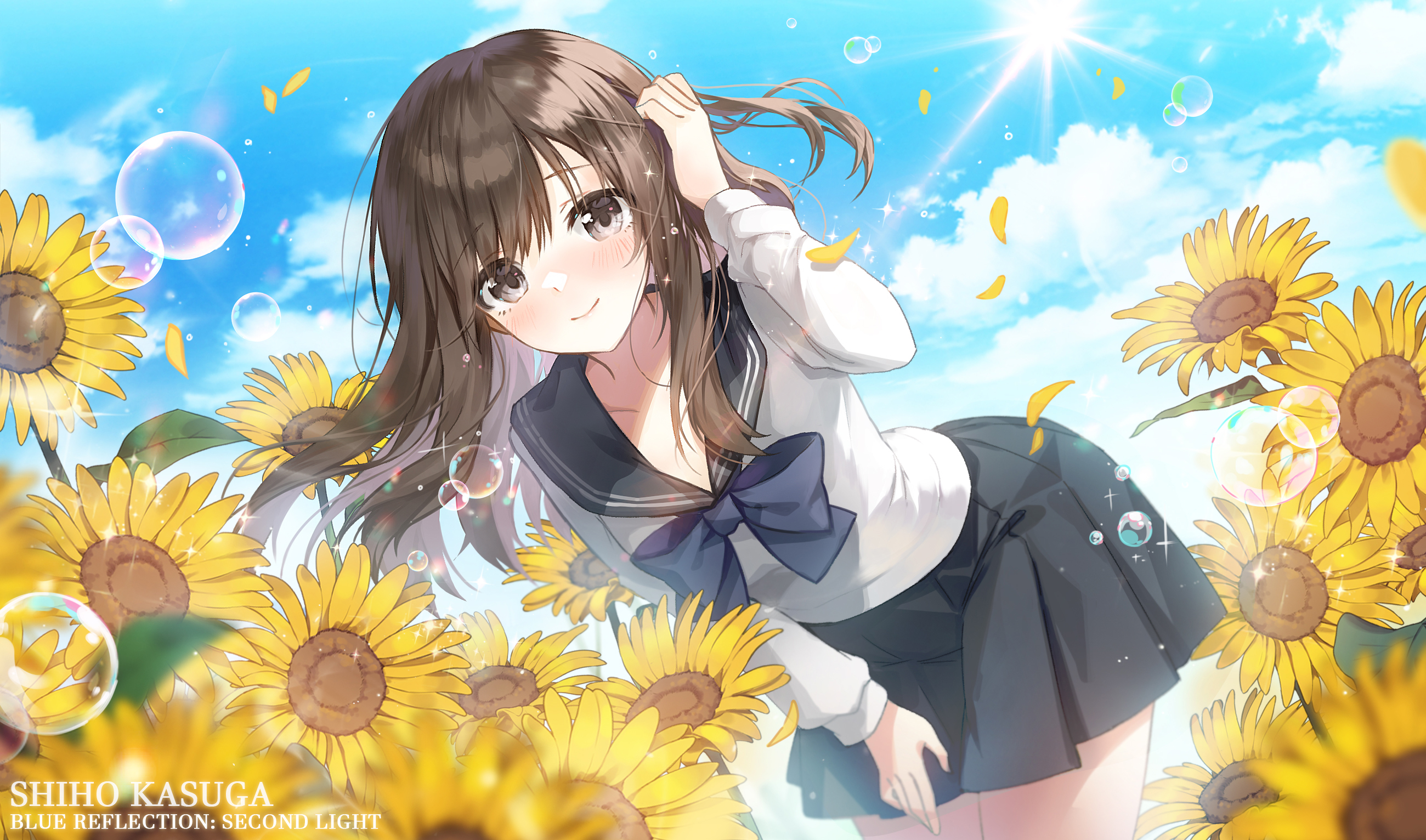 Anime 2600x1532 anime anime girls dandelion petals water drops bubbles sky clouds Sun sunlight smiling schoolgirl school uniform looking at viewer bent over bow tie long hair hair blowing in the wind stars brunette flowers sunflowers