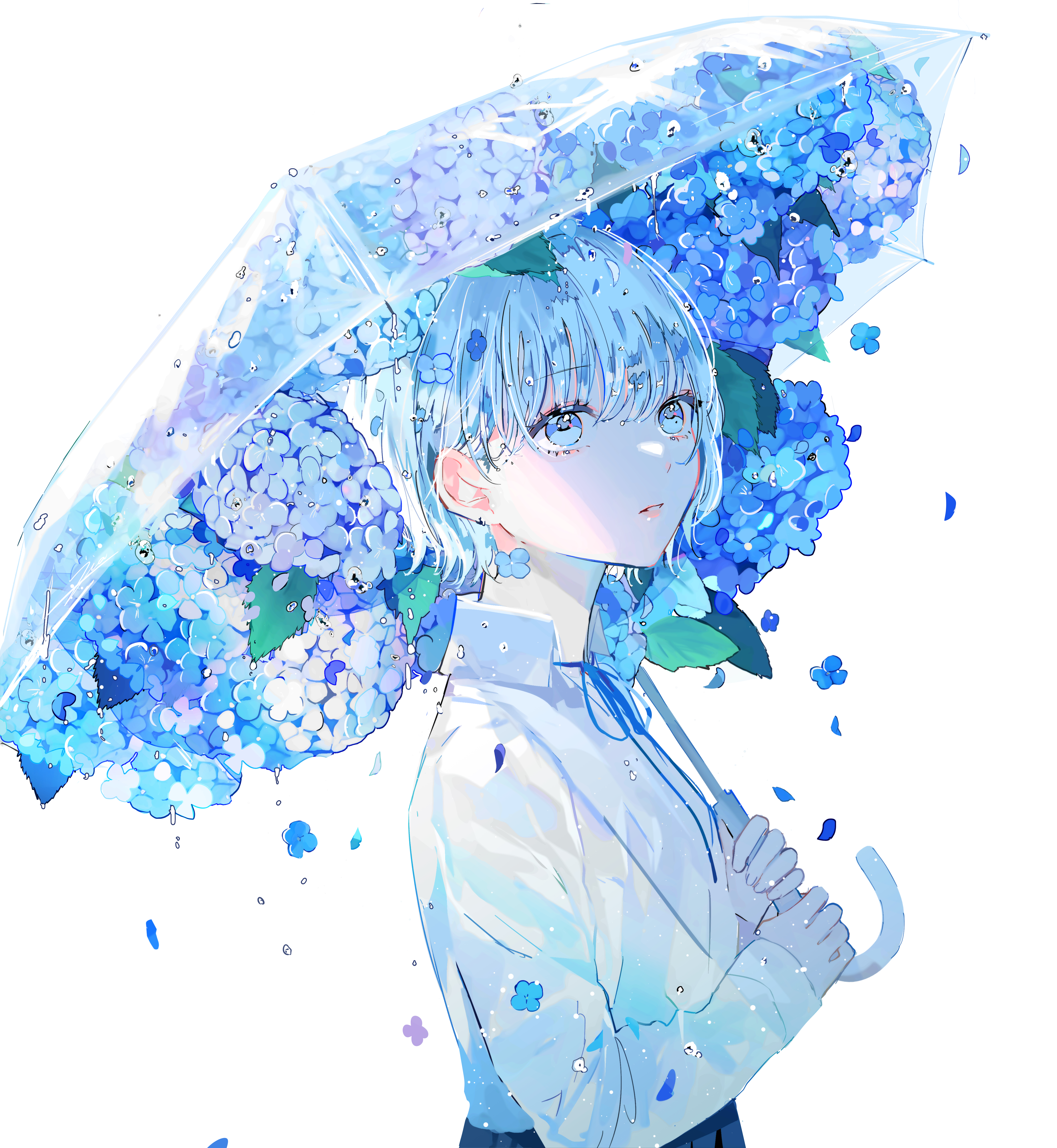Anime 4635x5033 anime anime girls simple background white background flowers minimalism petals standing umbrella short hair