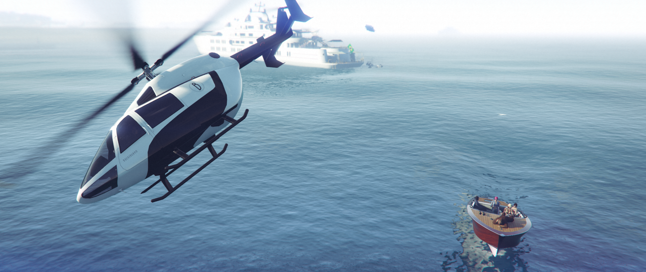 General 2560x1080 Grand Theft Auto V screen shot Grand Theft Auto video games CGI water helicopters aircraft boat video game characters