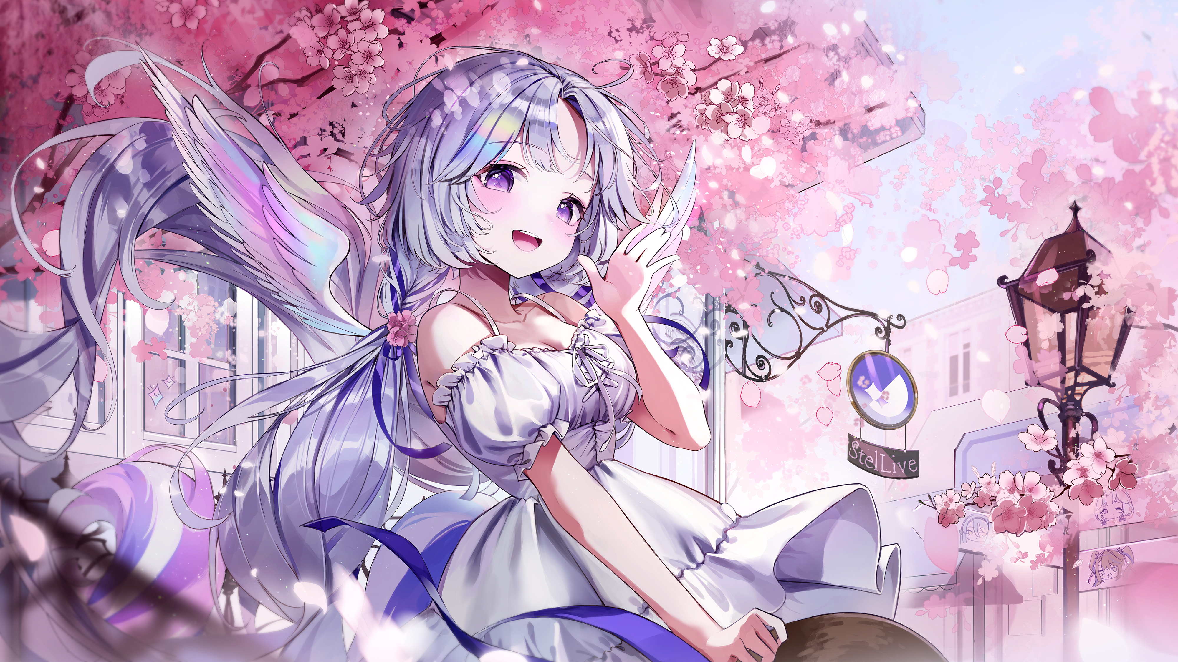 Anime 4000x2250 anime anime girls long hair wings petals flowers looking at viewer blushing dress star eyes loli