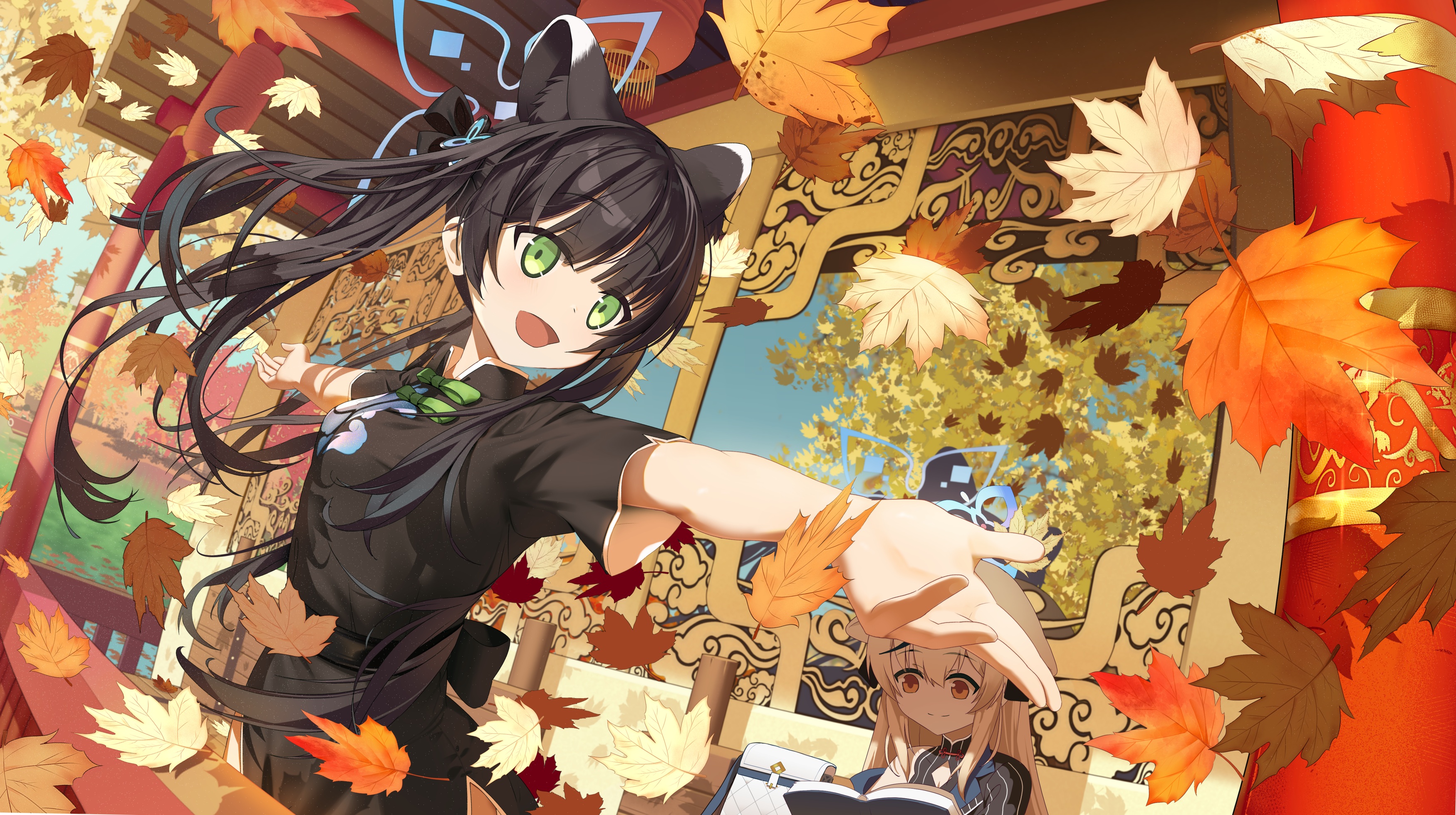 Anime 3500x1961 anime anime girls black hair green eyes leaves smiling Chinese dress long hair arms reaching open mouth purse animal ears bow tie Sunohara Shun Blue Archive