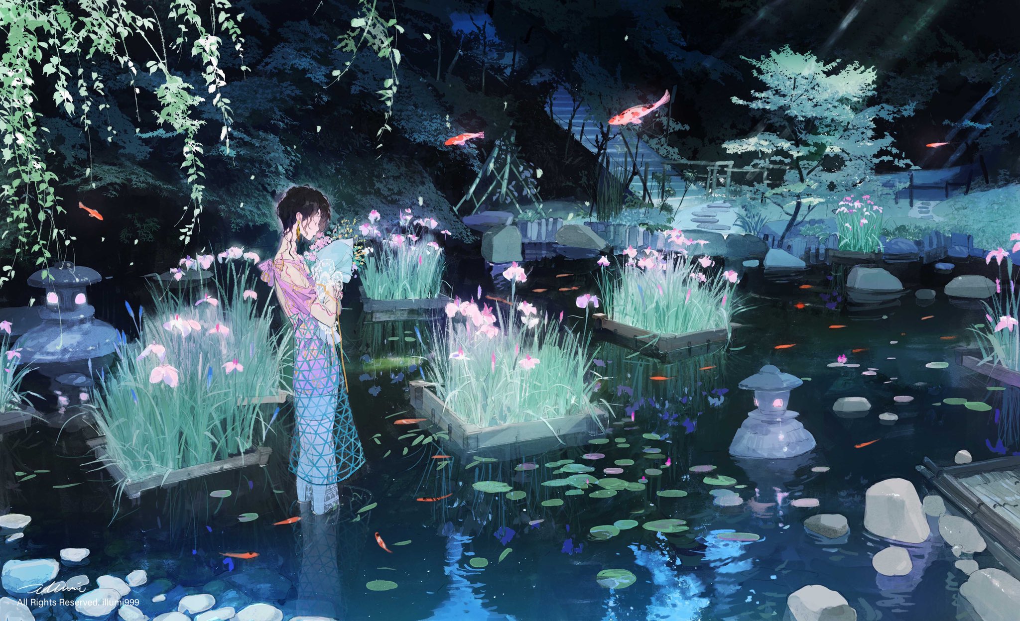 Anime 2048x1248 anime girls reflection plants grass fish pond trees water black hair closed eyes standing in water leaves flowers stairs rocks nenuphar bouquets illumi999 sunlight