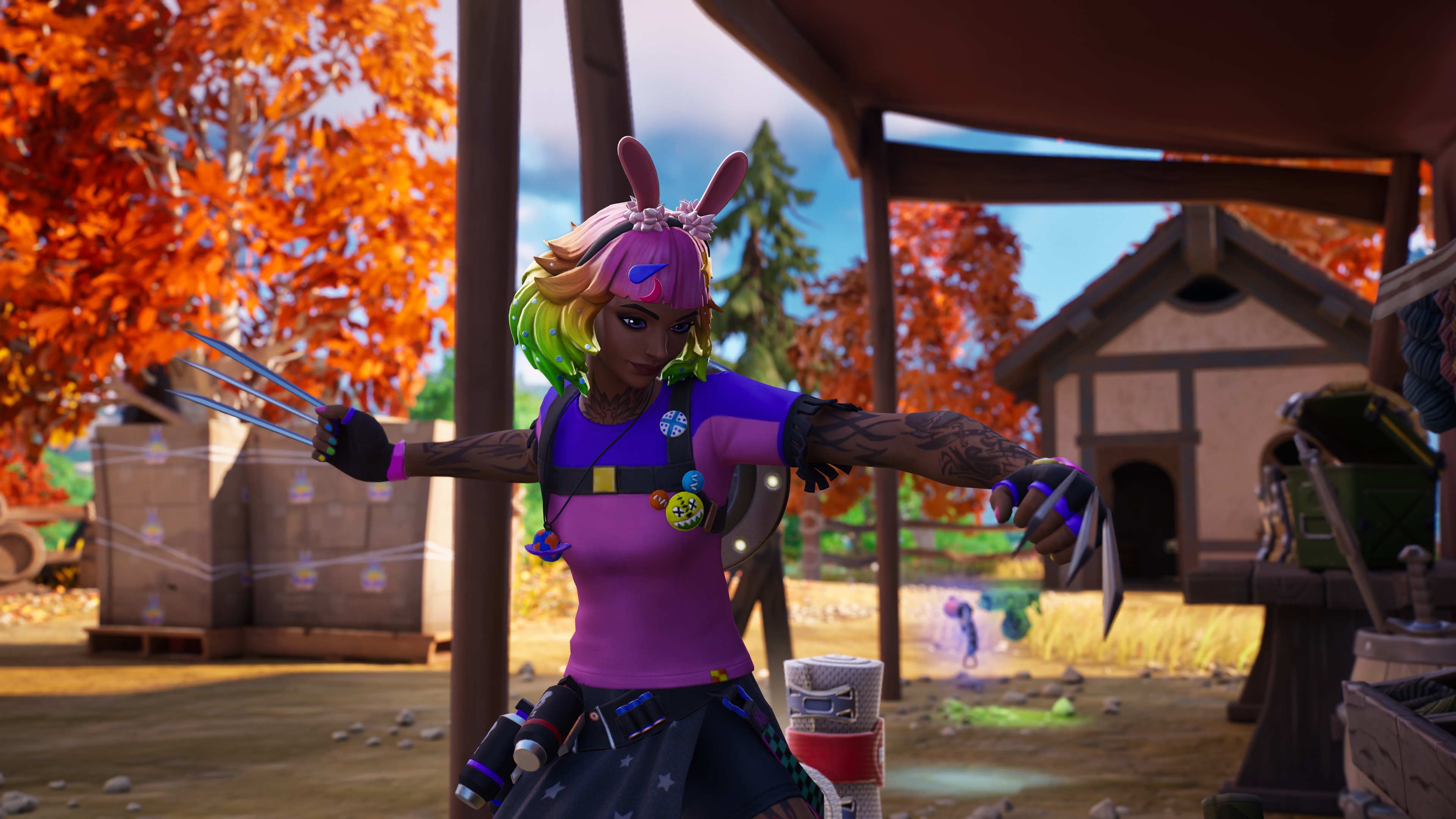 General 3840x2160 Fortnite video games screen shot CGI multi-colored hair gloves fingerless gloves bunny ears weapon tattoo smiling video game characters