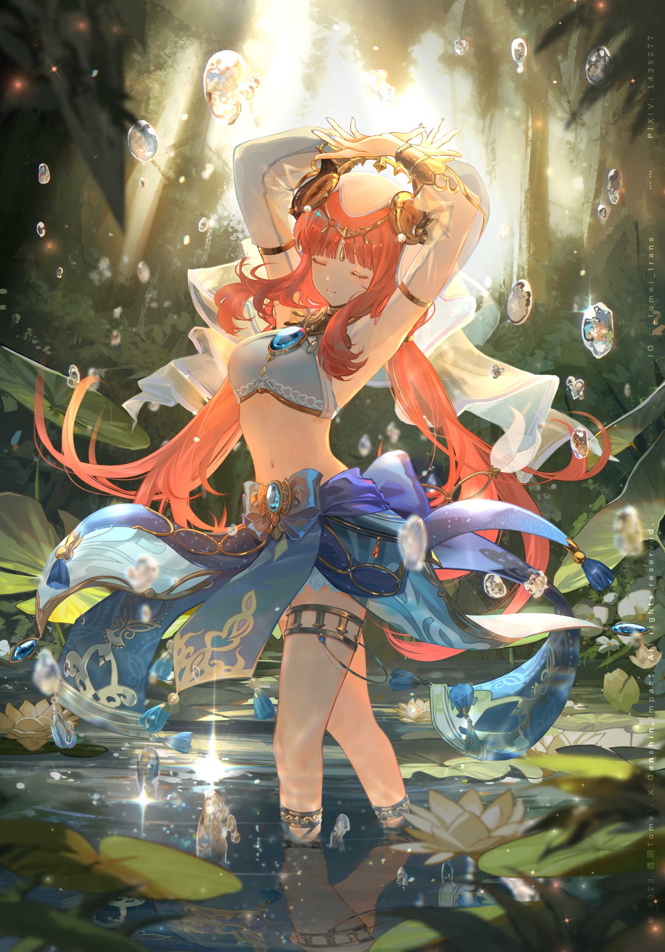 Anime 2794x4000 anime Pixiv Nilou (Genshin Impact) Genshin Impact sunlight anime girls portrait display long hair closed eyes water redhead blue eyes dancing reflection water lilies water drops twintails standing in water arms up armpits foliage leaves