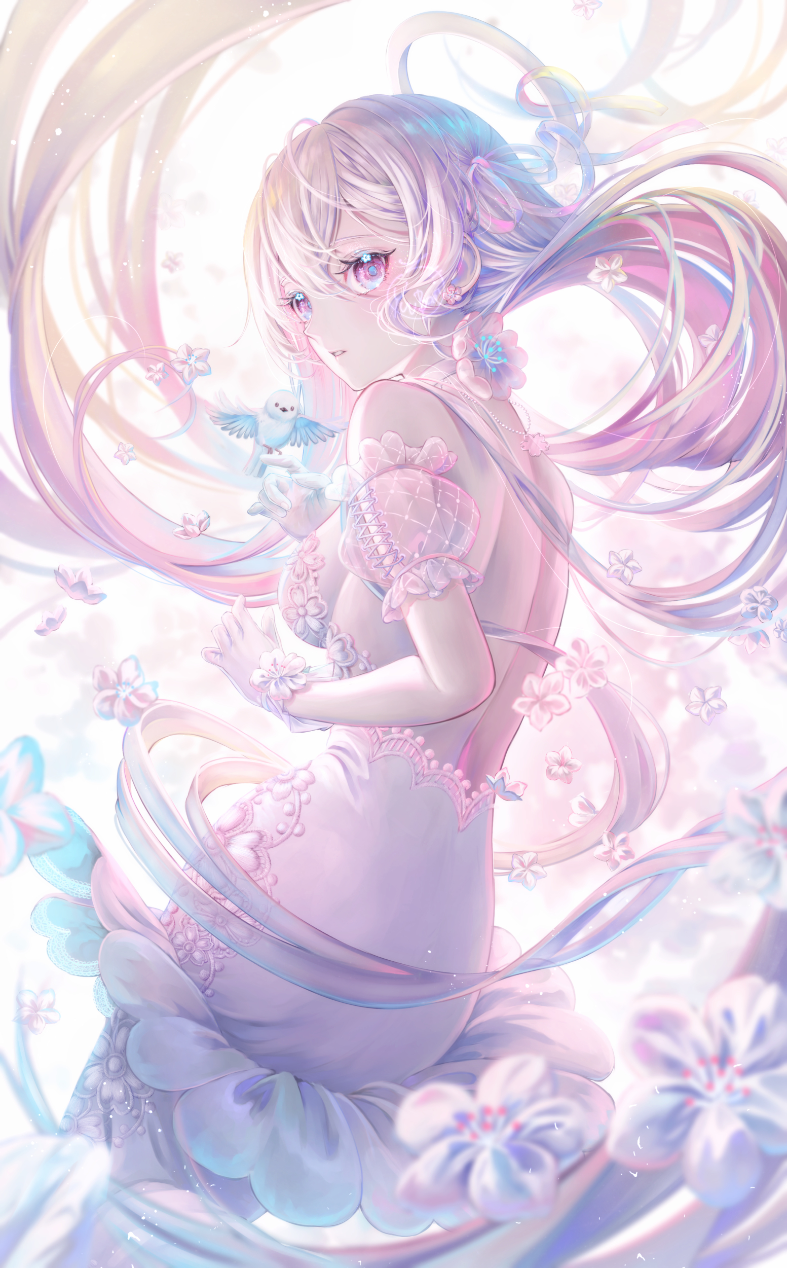 Anime 1553x2501 anime anime girls portrait display long hair dress flowers birds looking at viewer gloves animals
