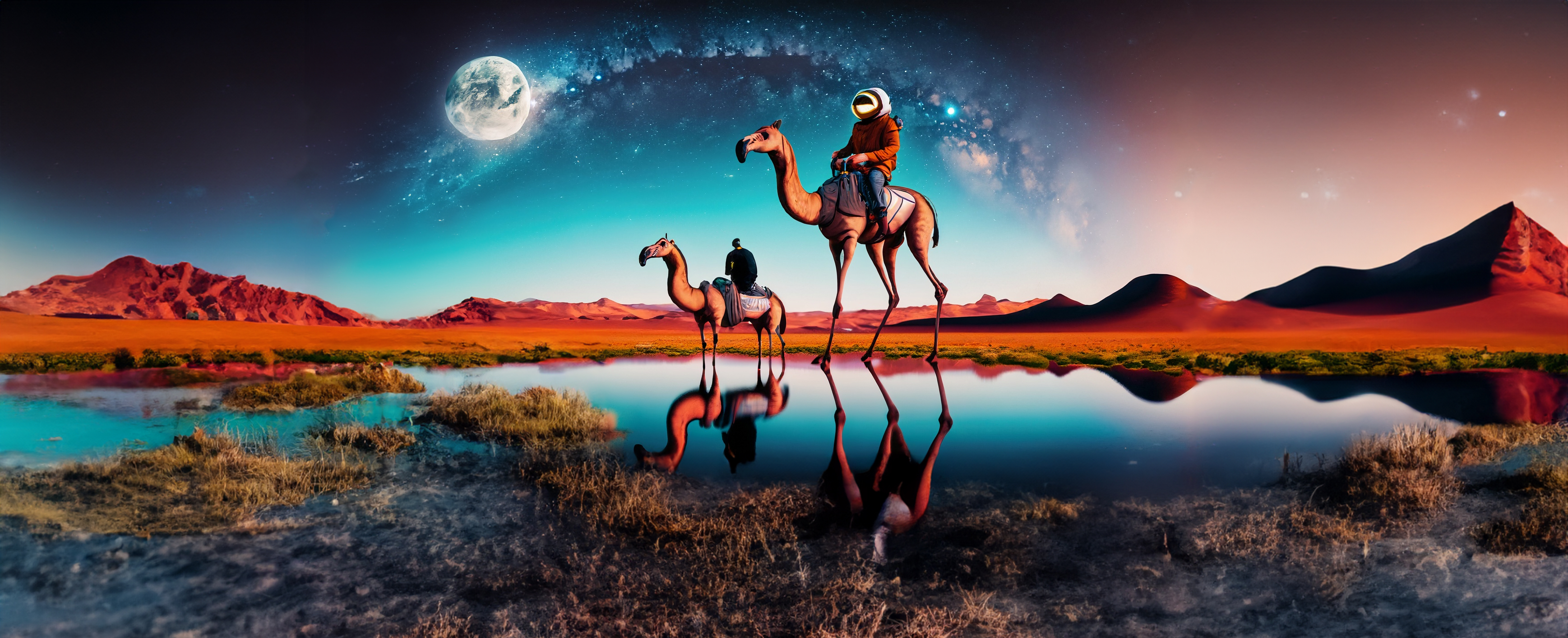 General 3475x1415 digital art space desert lake AI art reflection water sky stars animals Moon