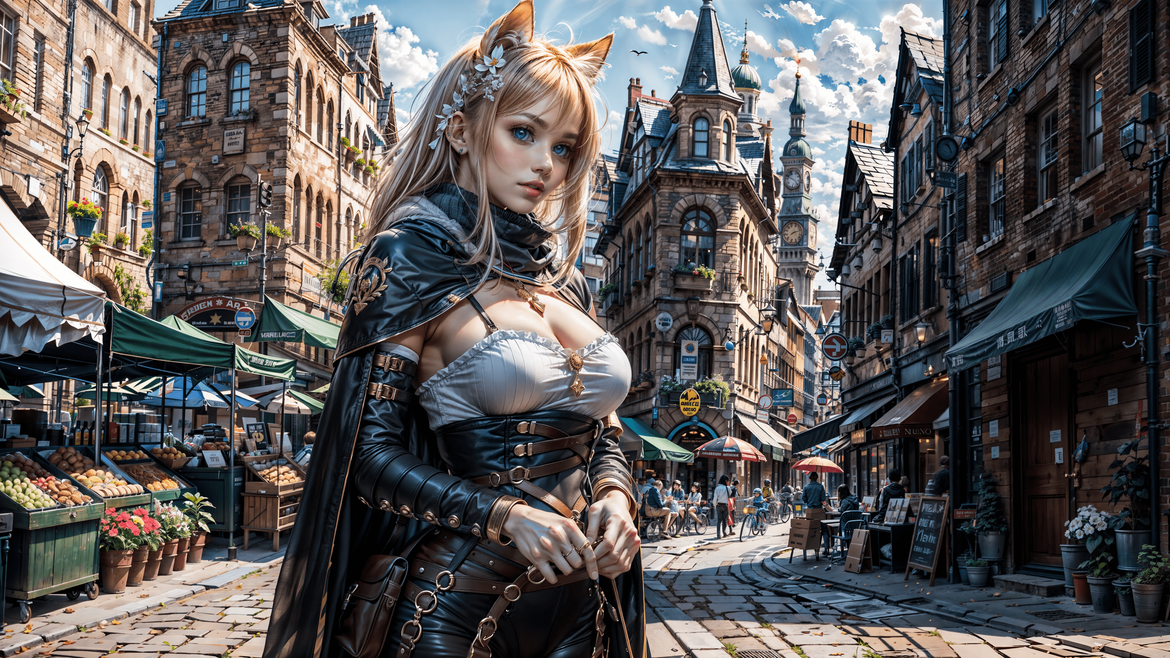 General 3840x2160 AI art women market street town architecture blonde blue eyes cape cat girl city clock tower clouds colorful fantasy art animal ears 4K photopea Stable Diffusion DeviantArt standing building cat ears long hair looking at viewer