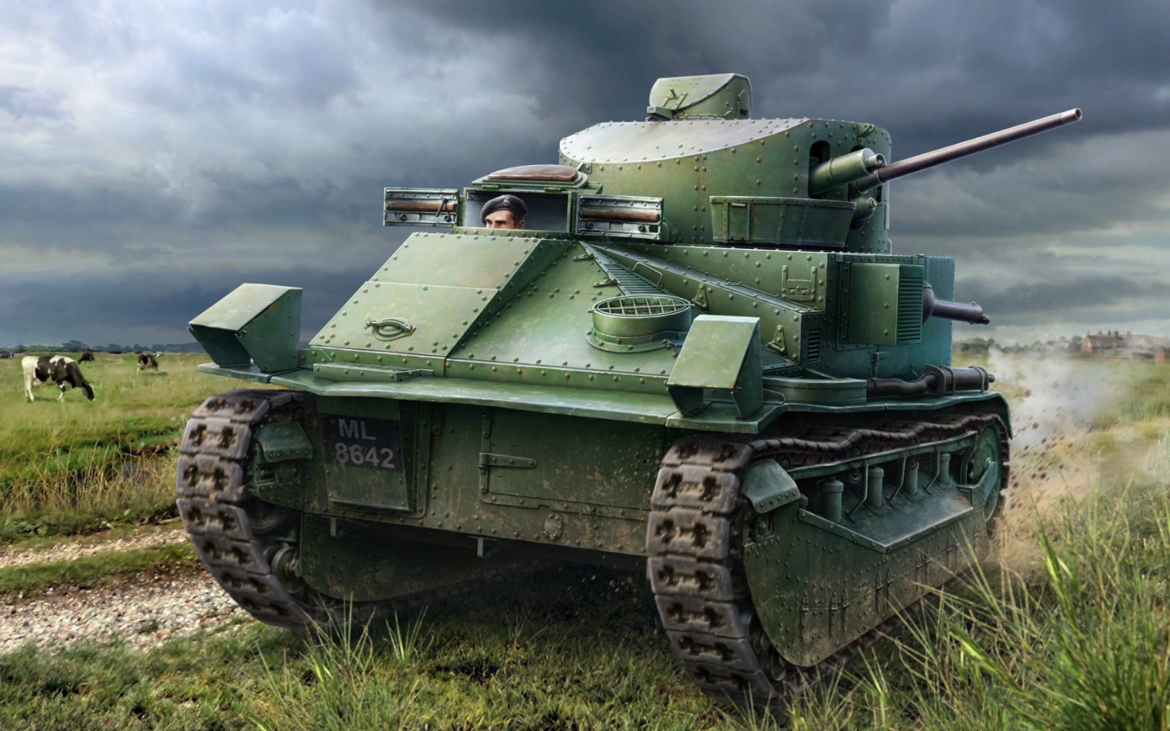 General 1680x1050 tank sky cow army military military vehicle clouds grass animals soldier artwork British tanks