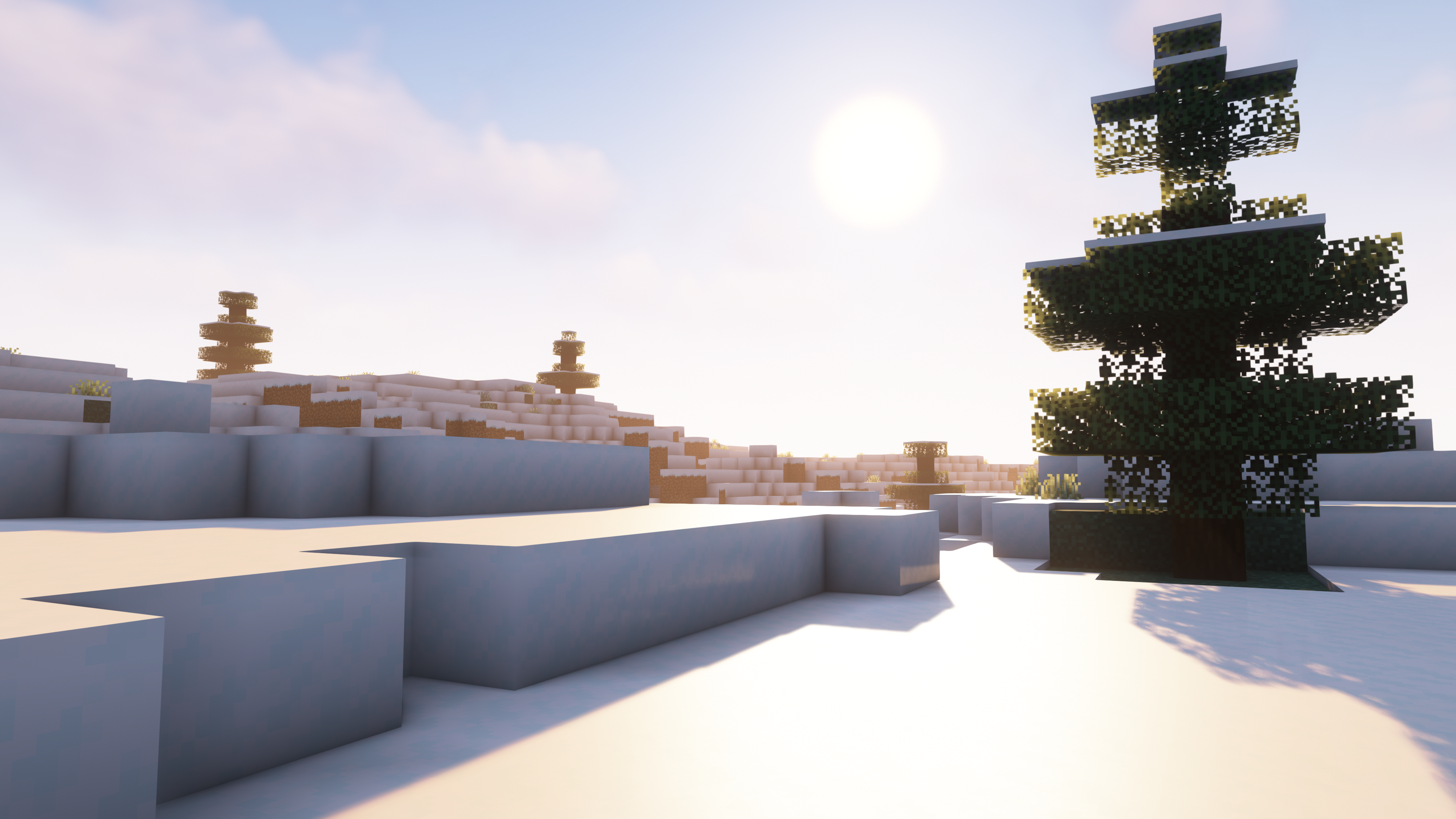 General 3840x2160 Minecraft sunlight snow covered snow pine trees video games cube sky clouds CGI
