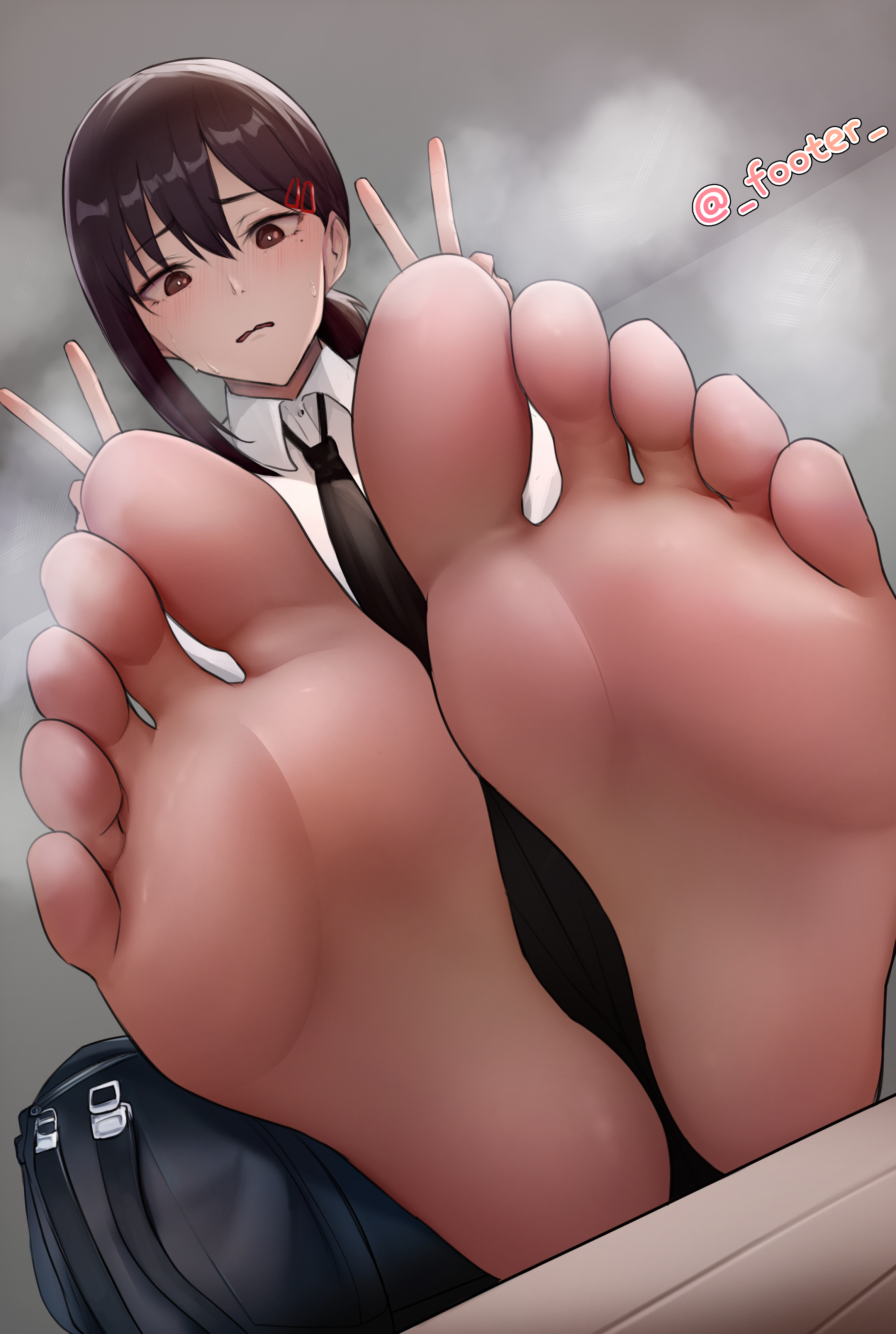 Anime 2320x3453 Kobeni (Chainsaw Man) anime girls Chainsaw Man foot sole foot fetishism feet portrait display peace sign watermarked looking at viewer Unyaaaaan