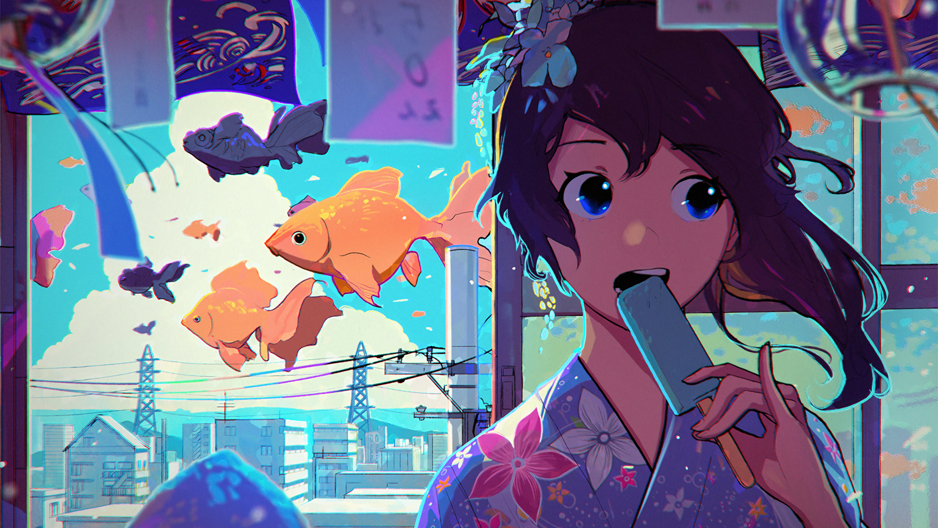 Anime 1920x1080 anime anime girls fish long hair popsicle looking away kimono animals flower in hair blue eyes clouds