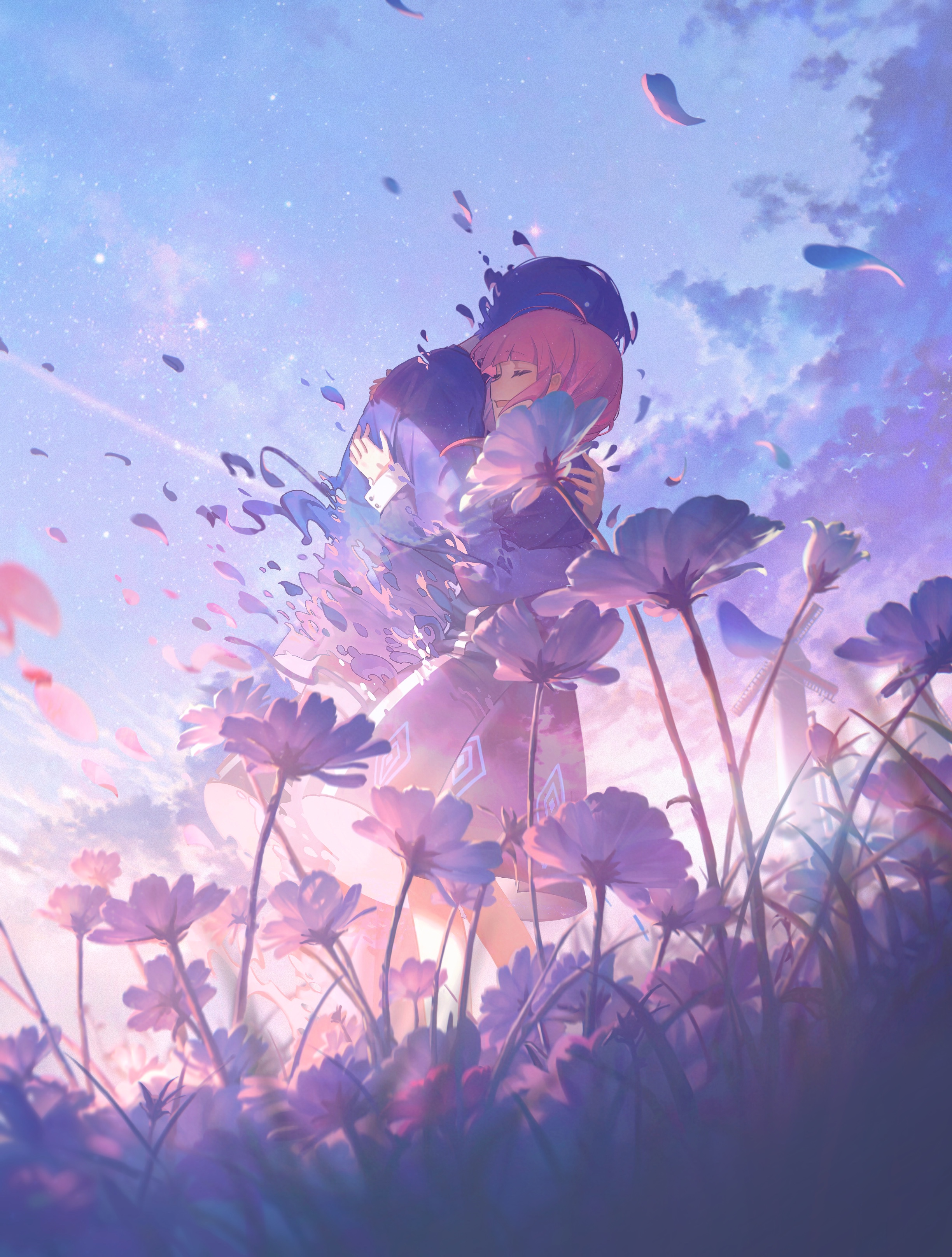 Anime 2448x3231 Pixiv anime anime girls portrait display flowers sky clouds hugging anime boys closed eyes petals sunset sunset glow stars couple