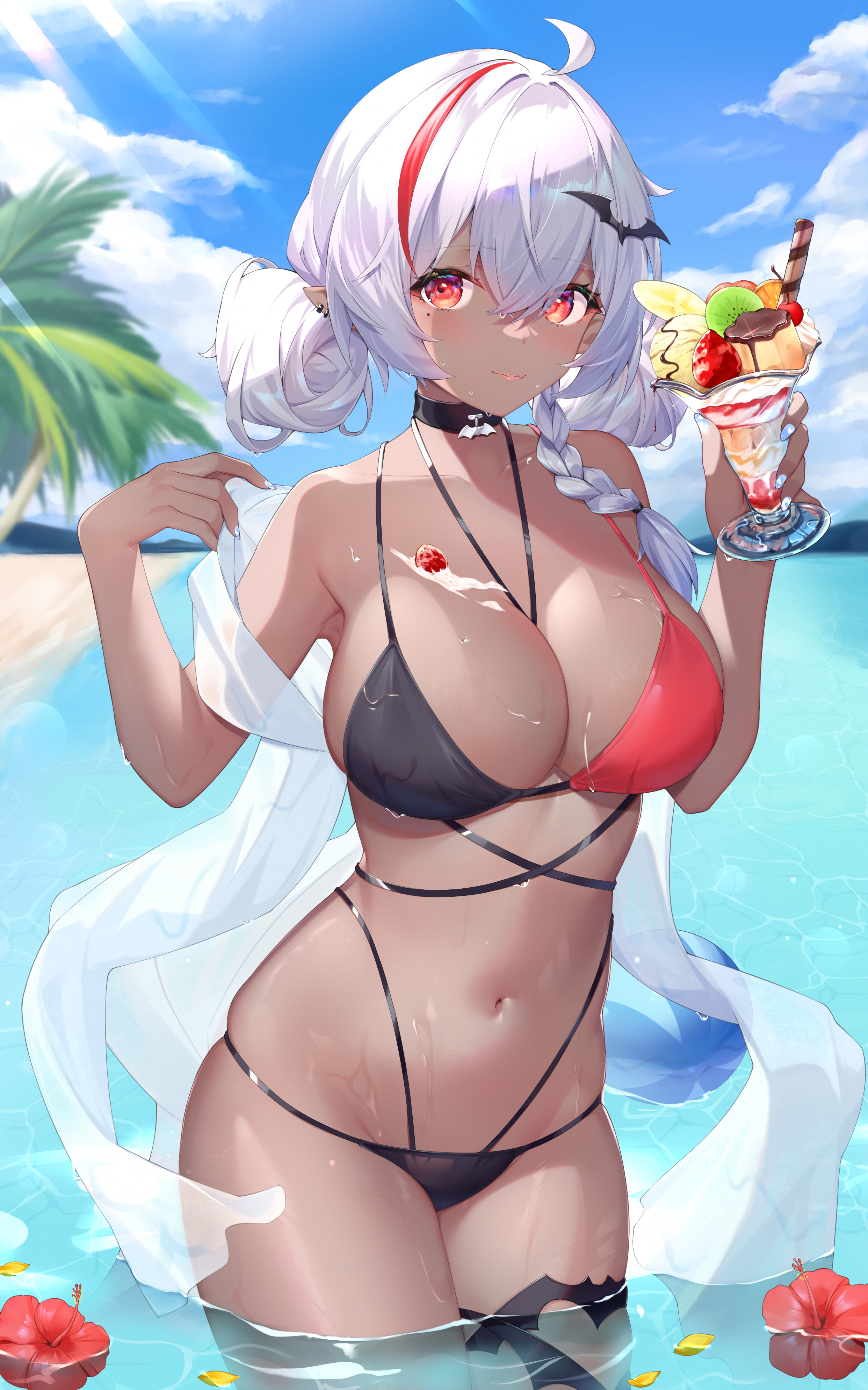 Anime 2484x3976 anime anime girls original characters parfait bikini water wet wet body pointy ears belly belly button moles mole under eye dark skin portrait display big boobs hibiscus flowers sunlight sky clouds kuroida cleavage looking at viewer braids two tone hair standing in water petals palm trees
