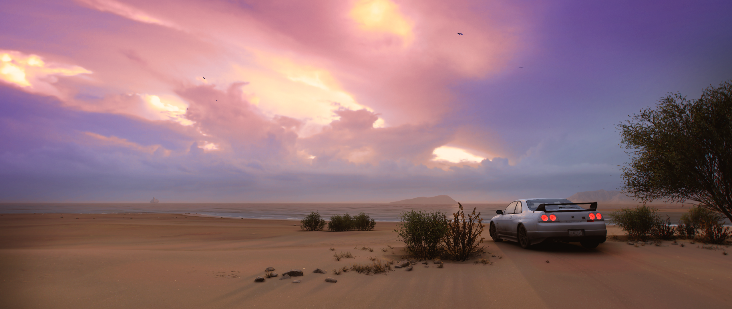 General 2560x1080 Forza Horizon 5 Nissan Skyline Nissan Skyline R32 racing landscape CGI video games sky clouds taillights rear view licence plates sunset sunset glow water car