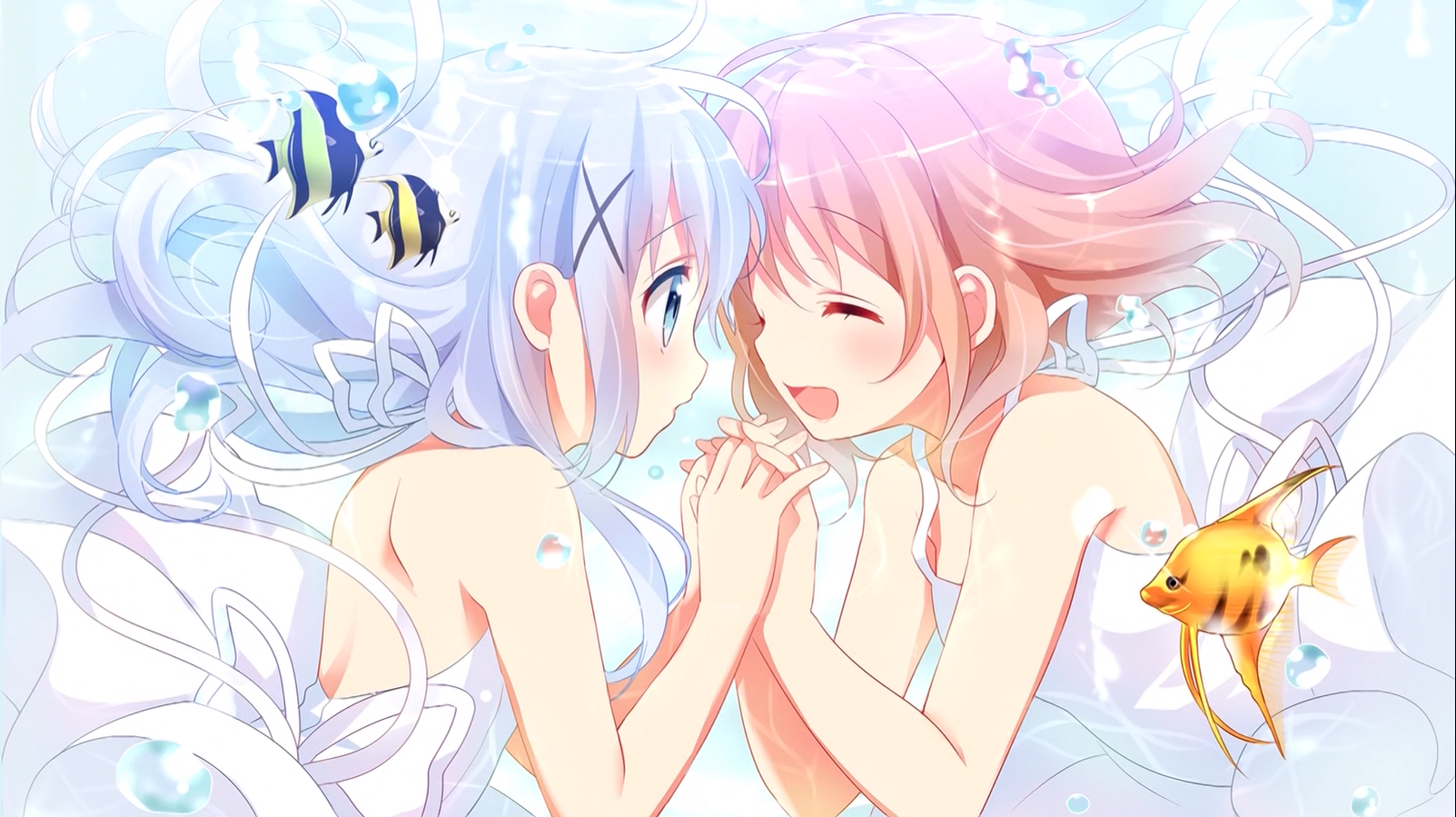 Anime 1603x899 anime anime girls Gochuumon wa Usagi Desu ka? long hair fish water dress animals blushing holding hands closed eyes loli