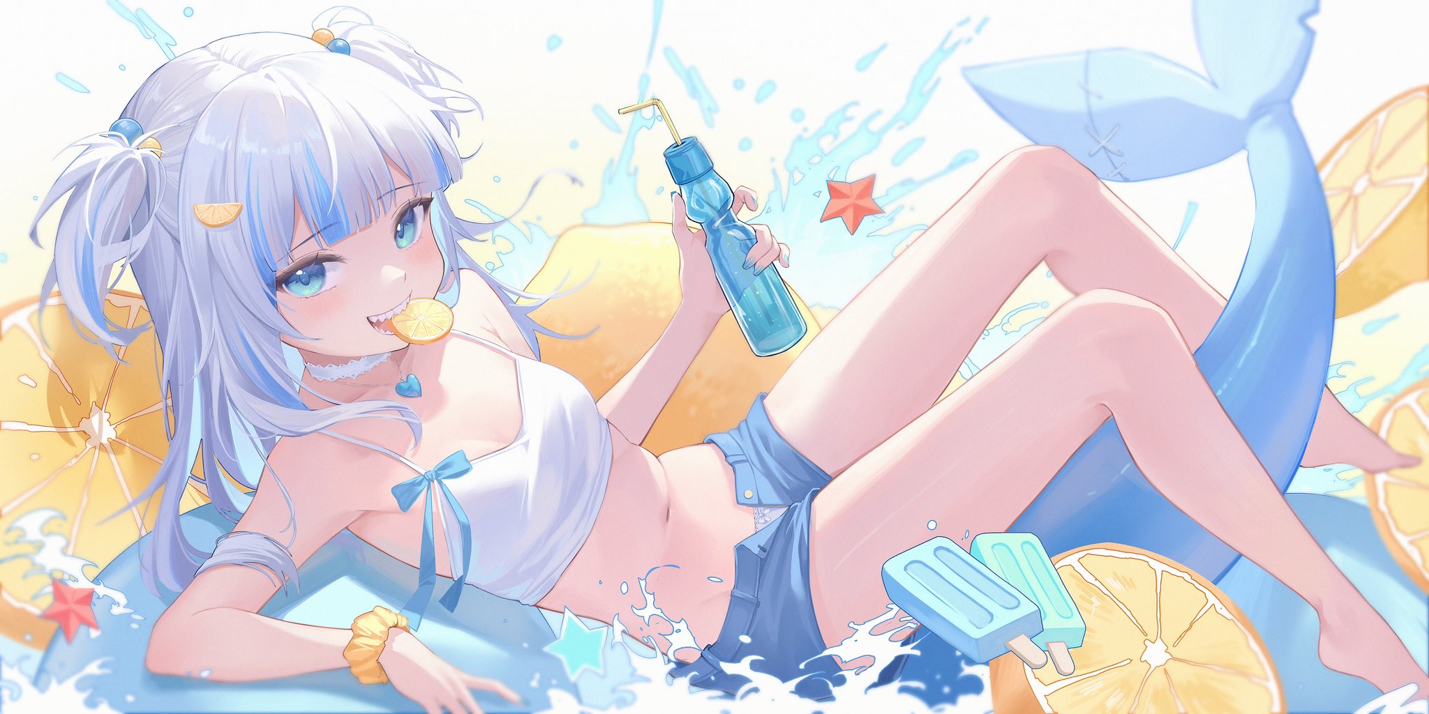 Anime 2048x1024 Virtual Youtuber Gawr Gura Hololive Hololive English shark girl looking at viewer anime girls two tone hair popsicle starfish small boobs loli belly belly button fruit drink blue eyes choker water