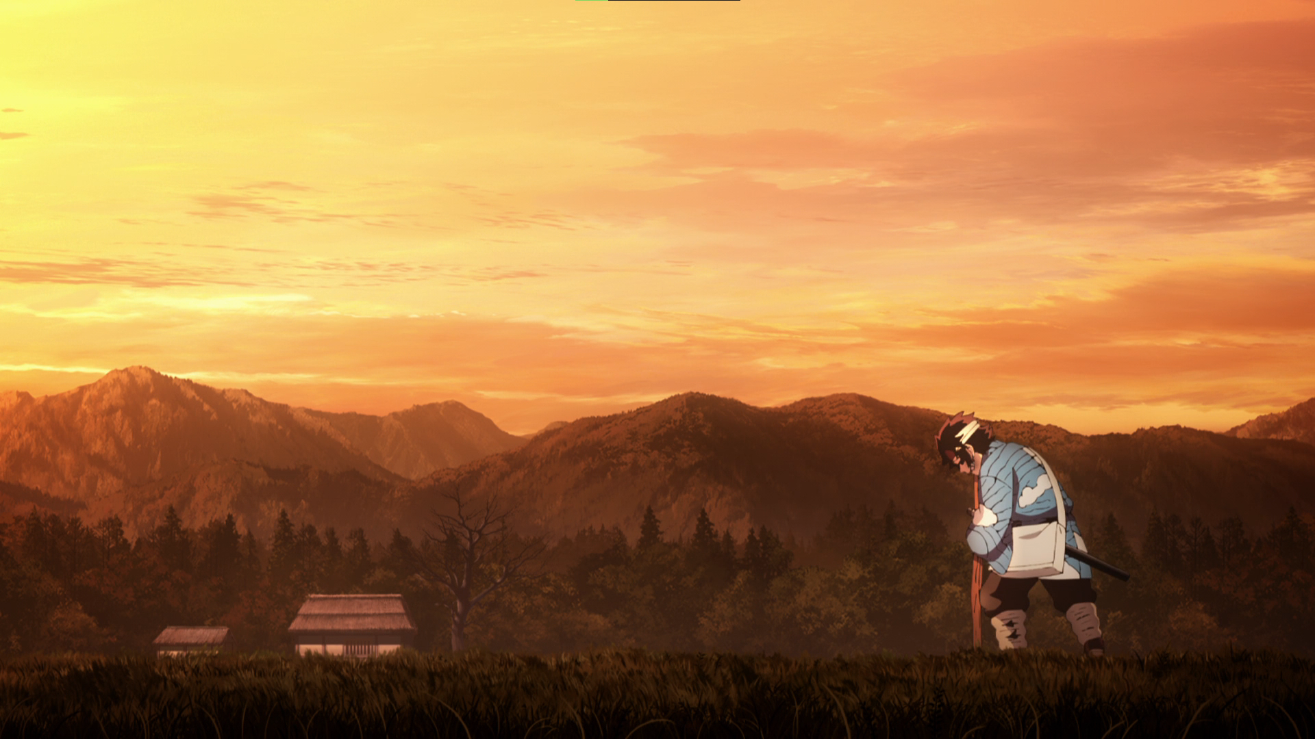 Anime 1920x1080 anime anime screenshot Kimetsu no Yaiba anime boys sword mountains sunset Kamado Tanjiro walking sunset glow sky clouds kimono standing