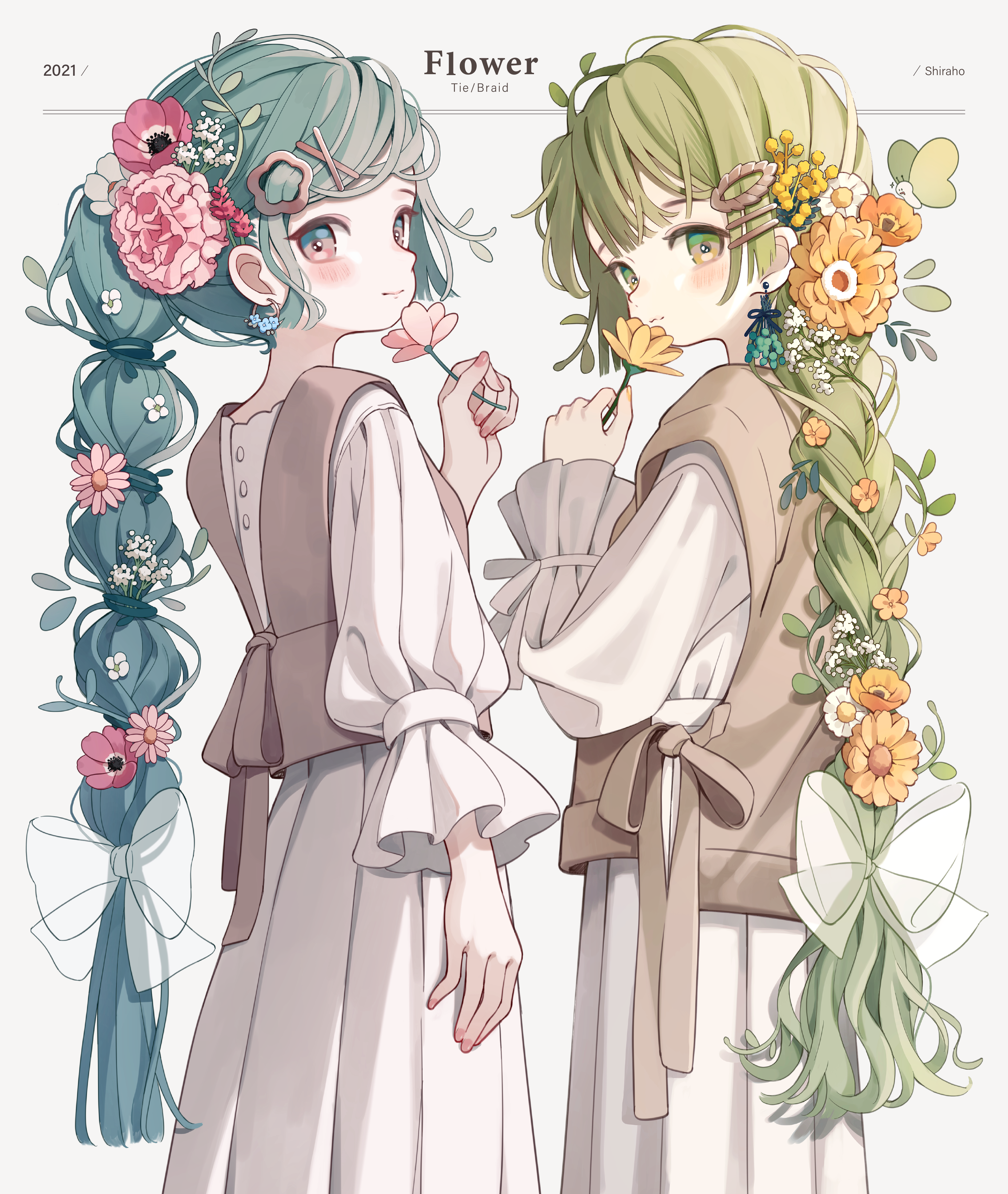 Anime 3275x3879 Pixiv anime flowers anime girls portrait display long hair flower in hair looking at viewer blushing standing minimalism white background simple background ponytail