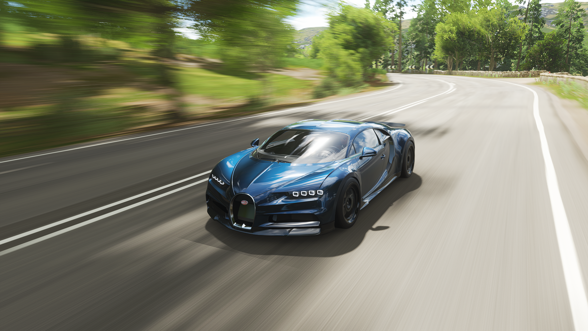 General 1920x1080 Forza Forza Horizon Forza Horizon 4 racing car CGI Bugatti Chiron road video games headlights frontal view trees blurred blurry background PlaygroundGames Bugatti French Cars Volkswagen Group Hypercar