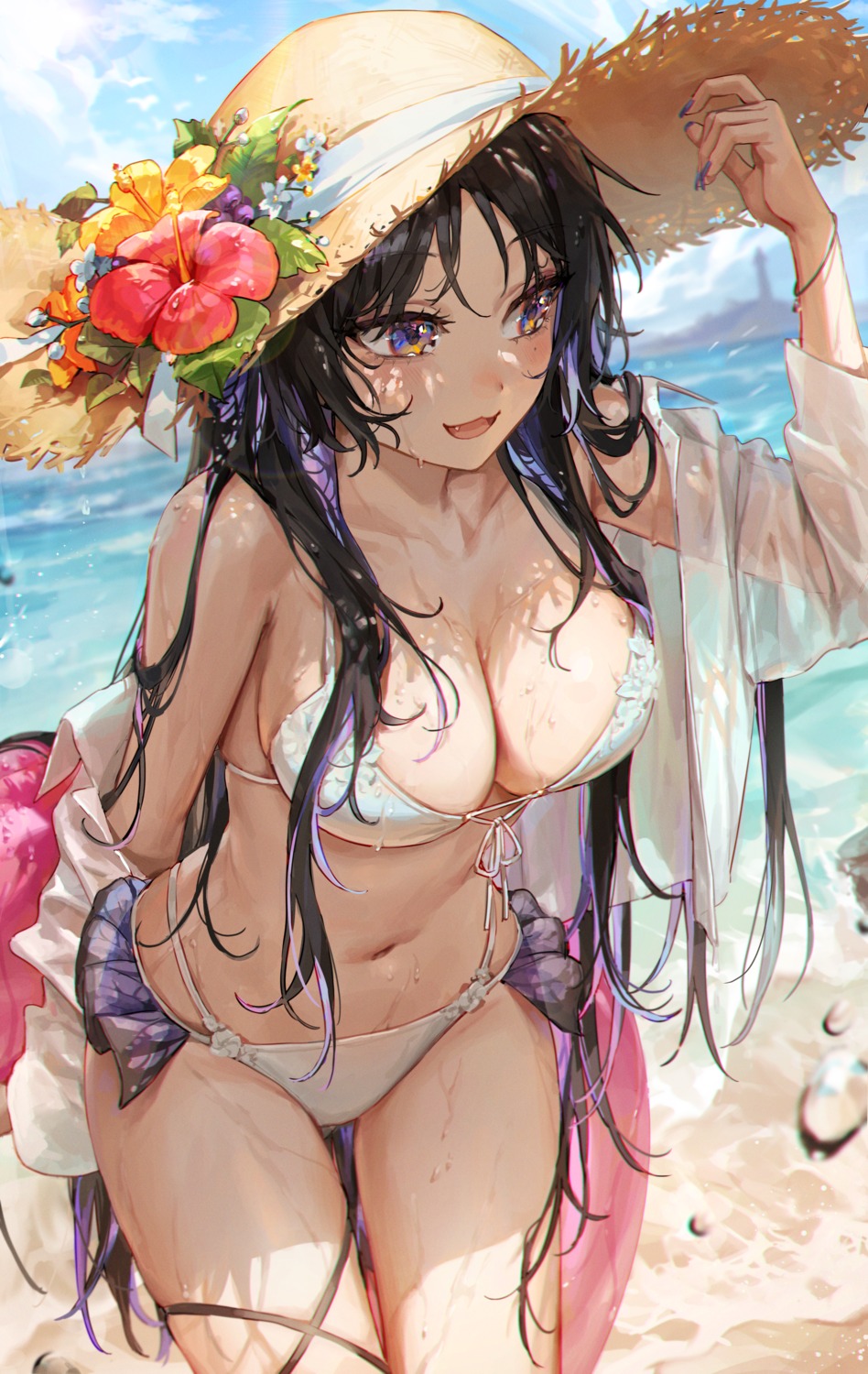 Anime 948x1500 original characters beach portrait display water white bikini bikini anime girls straw hat sun hats big boobs cleavage wet body multi-colored eyes wet looking away hibiscus flowers two tone hair smiling ye jji looking sideways water drops swimwear white swimsuit floater open clothes thigh strap long hair open mouth sky thighs clouds standing sunlight