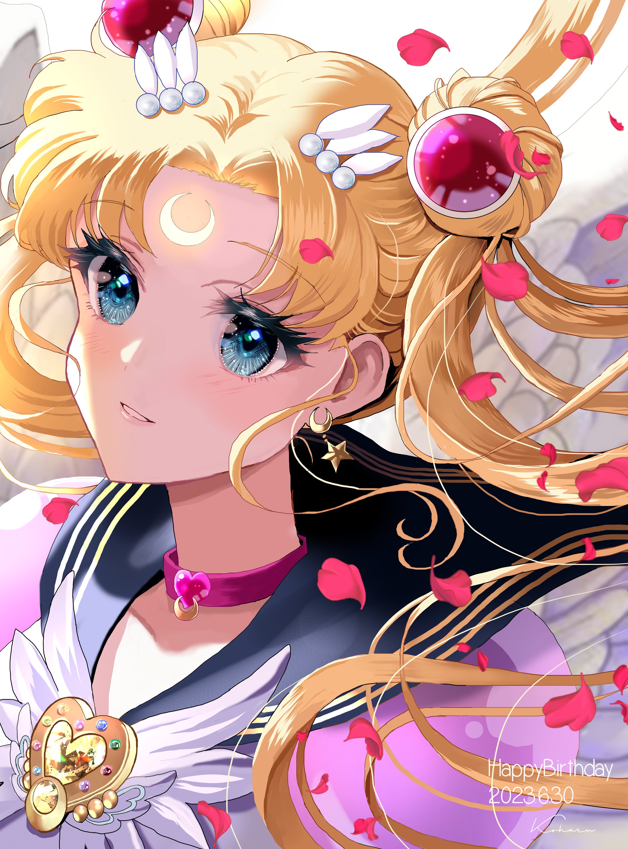 Anime 2549x3444 Sailor Moon anime girls portrait display blonde anime Tsukino Usagi Sailor Moon (Character) long hair blue eyes petals looking away blushing choker hair ornament jewelry angel wings wings earring hairbun crescent moon twintails Koharumichi magical girls star earrings signature sailor uniform open mouth smiling odango