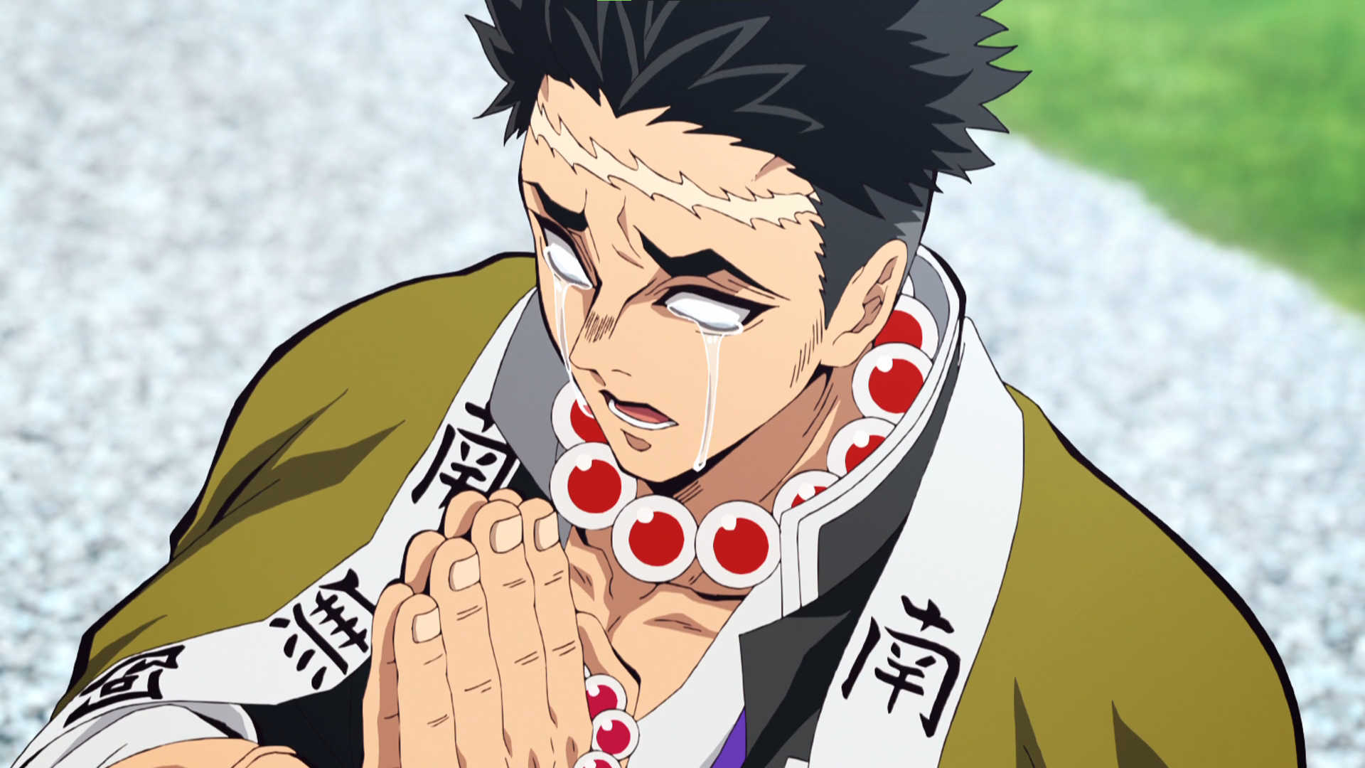 Anime 1920x1080 Kimetsu no Yaiba Himejima Gyomei Hashira uniform scars crying anime Anime screenshot anime boys necklace tears