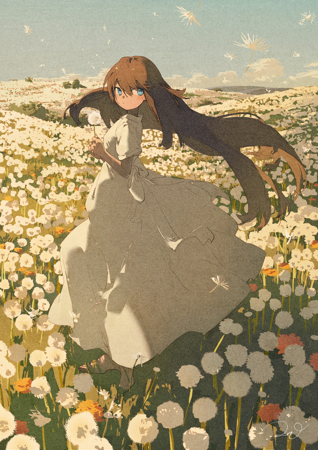 Anime 1013x1433 Potg Pixiv anime girls portrait display standing dress flowers long hair clouds sky brunette blue eyes