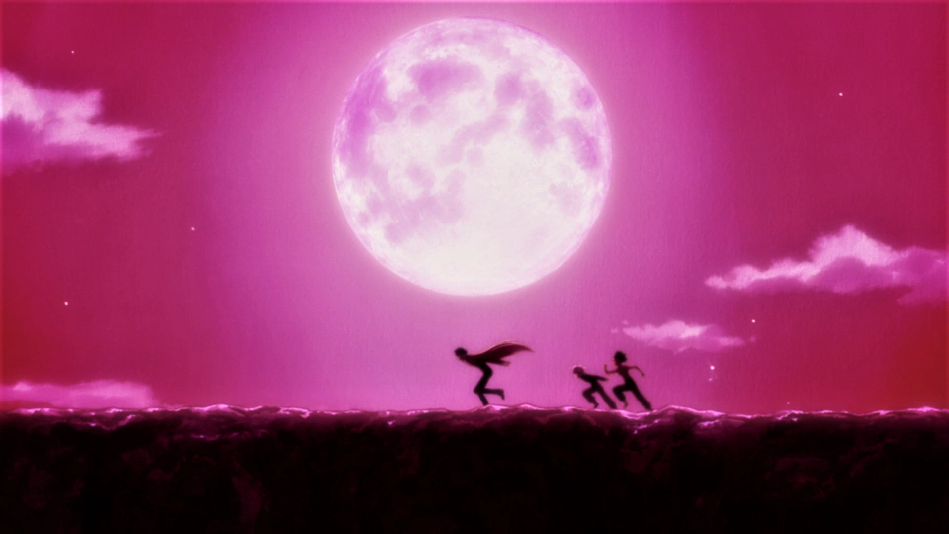 Anime 1920x1080 Hunter x Hunter kite  Killua Zoldyck Gon Freecss Blood moon Moon sky clouds running anime Anime screenshot anime boys silhouette