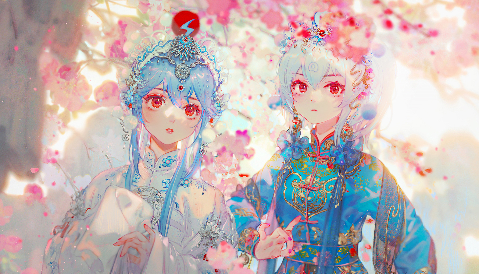 Anime 1571x900 Mian Lang two women looking at viewer dress red eyes long hair cherry blossom flowers long sleeves blue hair white hair hair ornament jewelry pink flowers hand gesture bilibili anime girls petals Chinese clothing