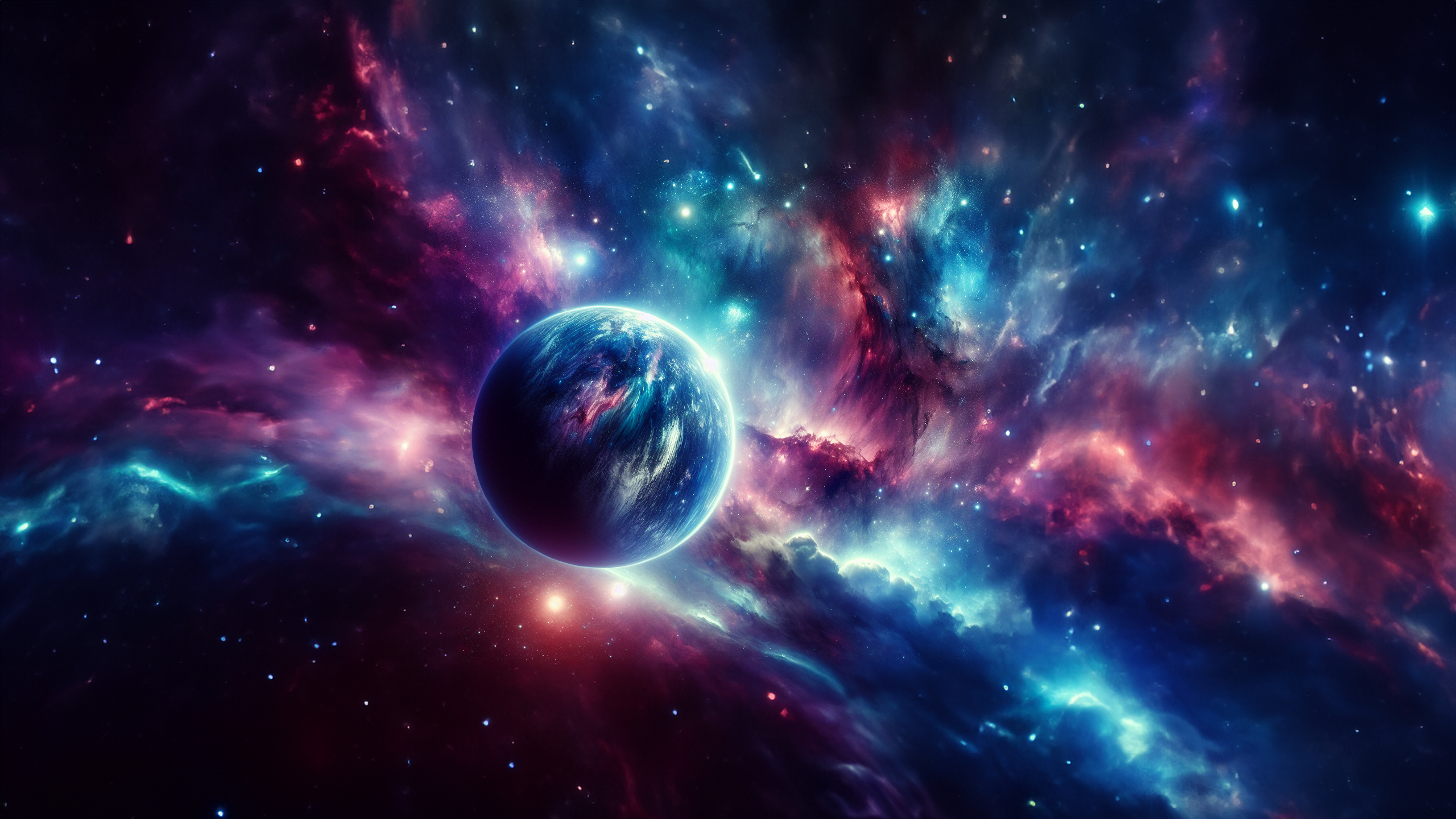 General 2560x1440 space stars nebula universe planet dust red blue AI art