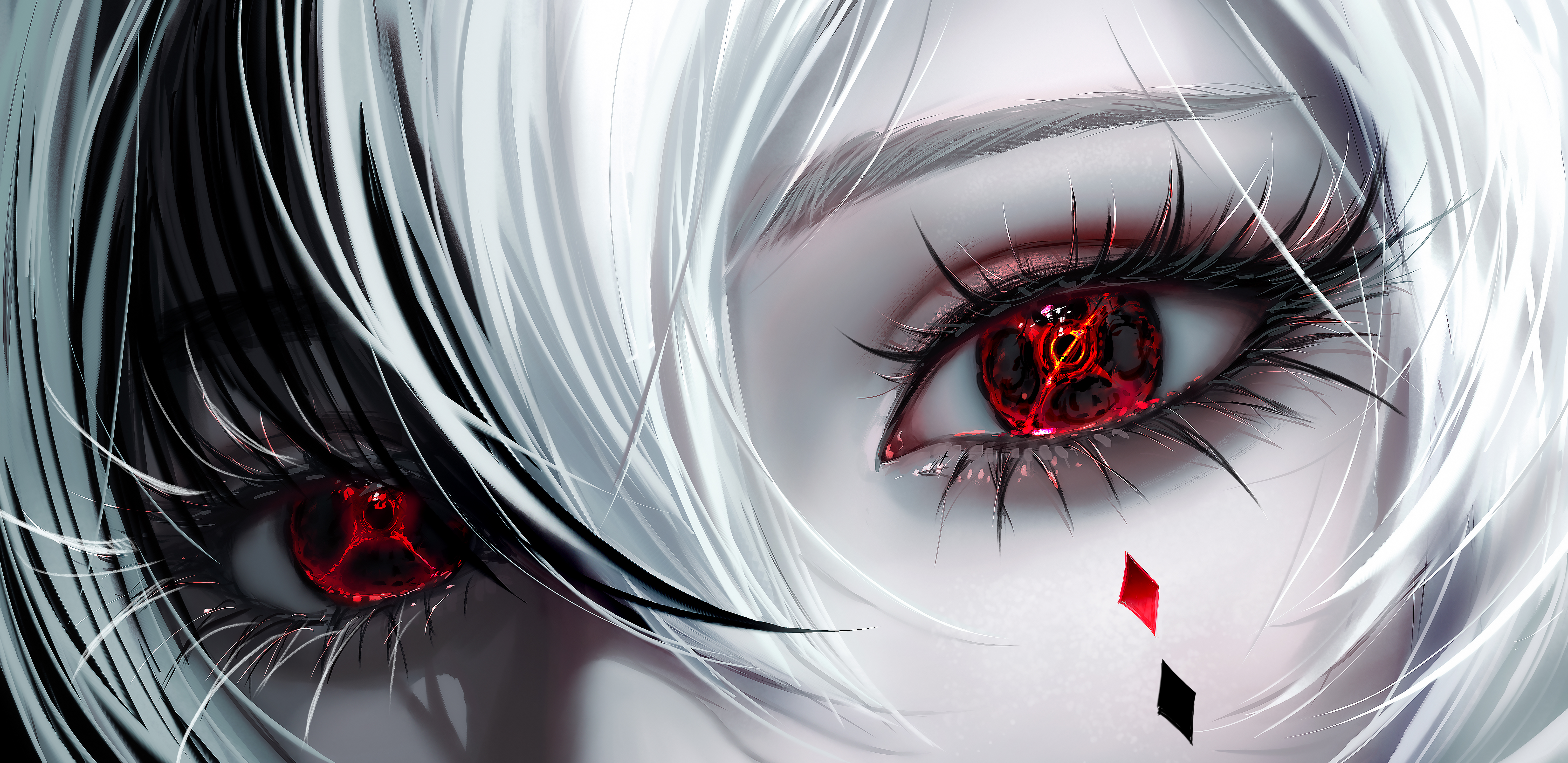 General 6500x3163 Arlecchino (Genshin Impact) Nixeu digital art artwork illustration digital painting women looking at viewer eyes face closeup red eyes video game girls video game characters two tone hair video games fan art hair over eyes