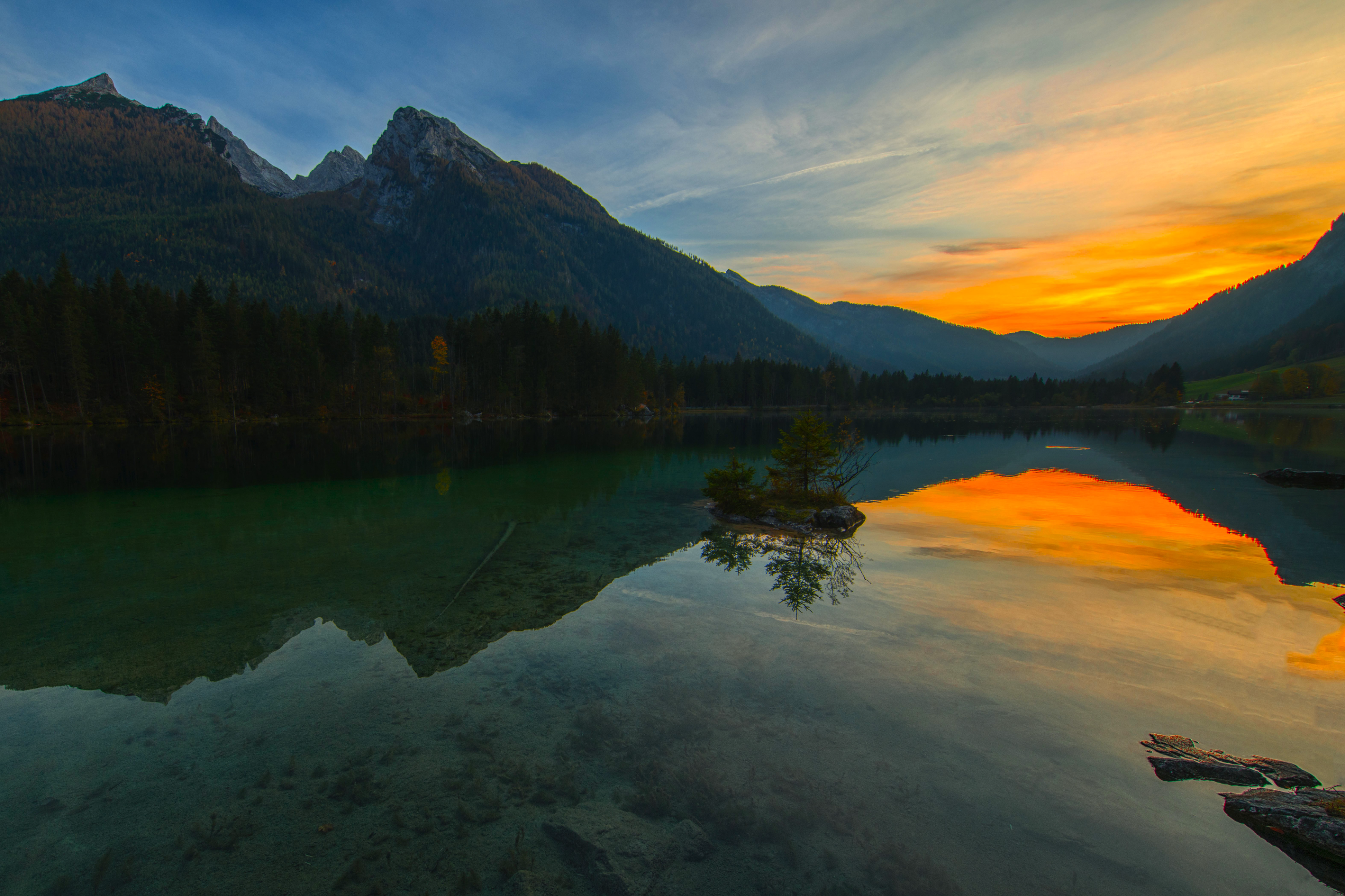 General 3000x2000 nature landscape sky clouds sunset trees water reflection mountains forest low light Hintersee Germany