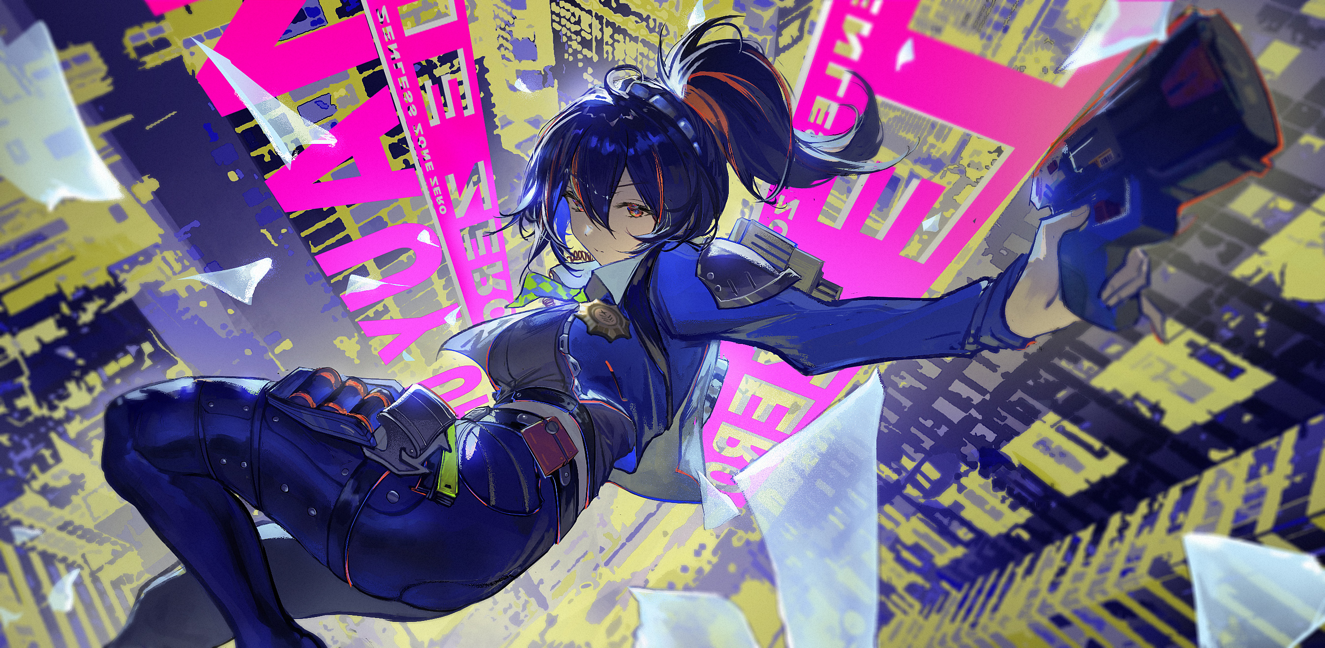 Anime 2694x1319 Zenless Zone Zero artwork Zhu Yuan (Zenless Zone Zero) anime anime girls black hair ponytail police police costume big boobs leather pants  pistol building kaikuluo