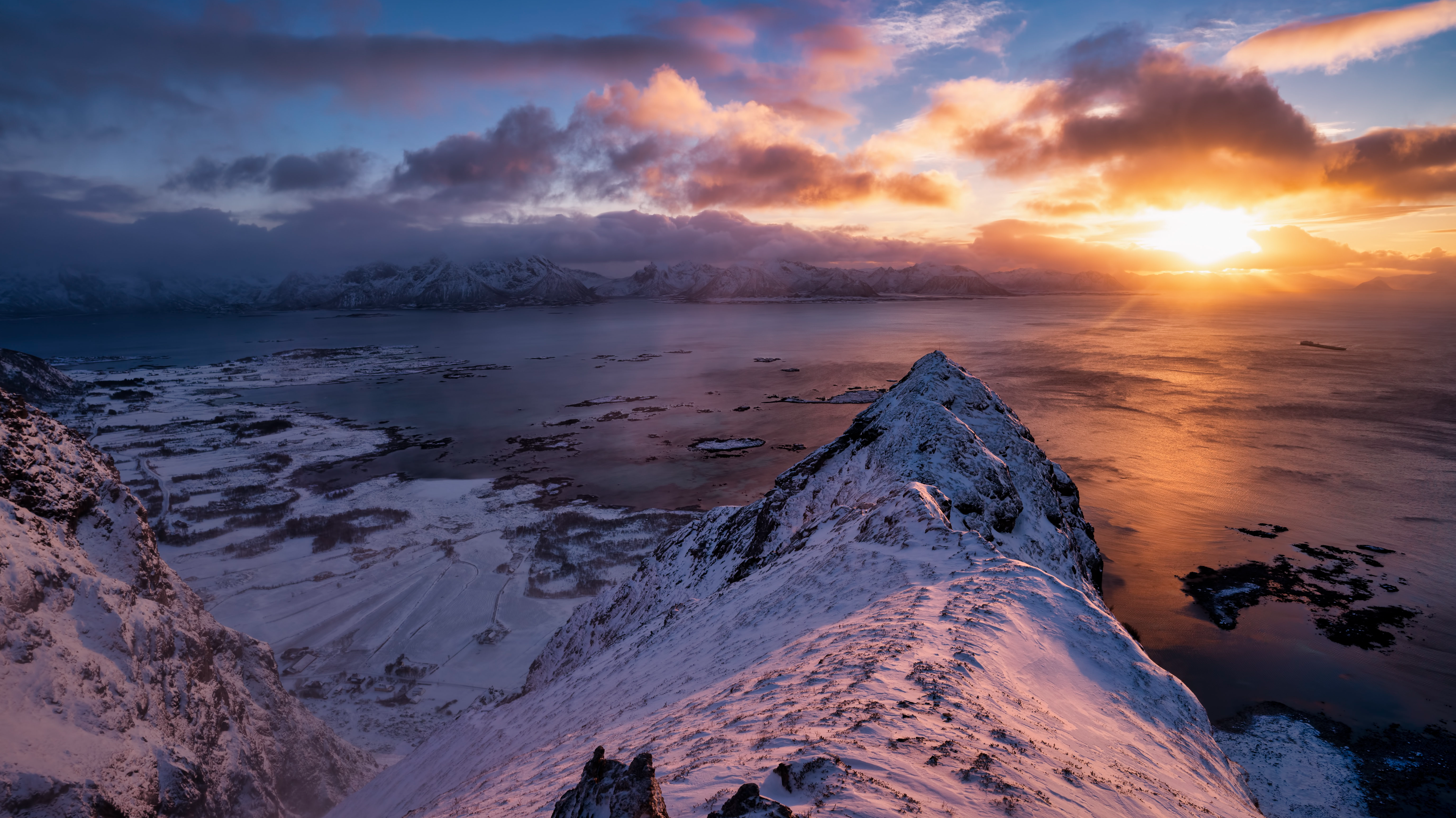 General 3840x2160 nature landscape mountains clouds sky snow winter sea water Sun far view oil tanker ship Lofoten Norway