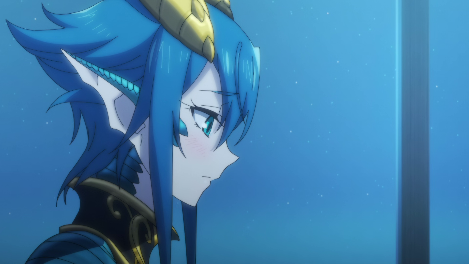 Anime 1920x1080 Monster Musume no Oisha-san Skadi Dragenfelt dragon girl horns blue hair blue eyes pointy ears blushing pale collar anime screenshot anime anime girls monster girl